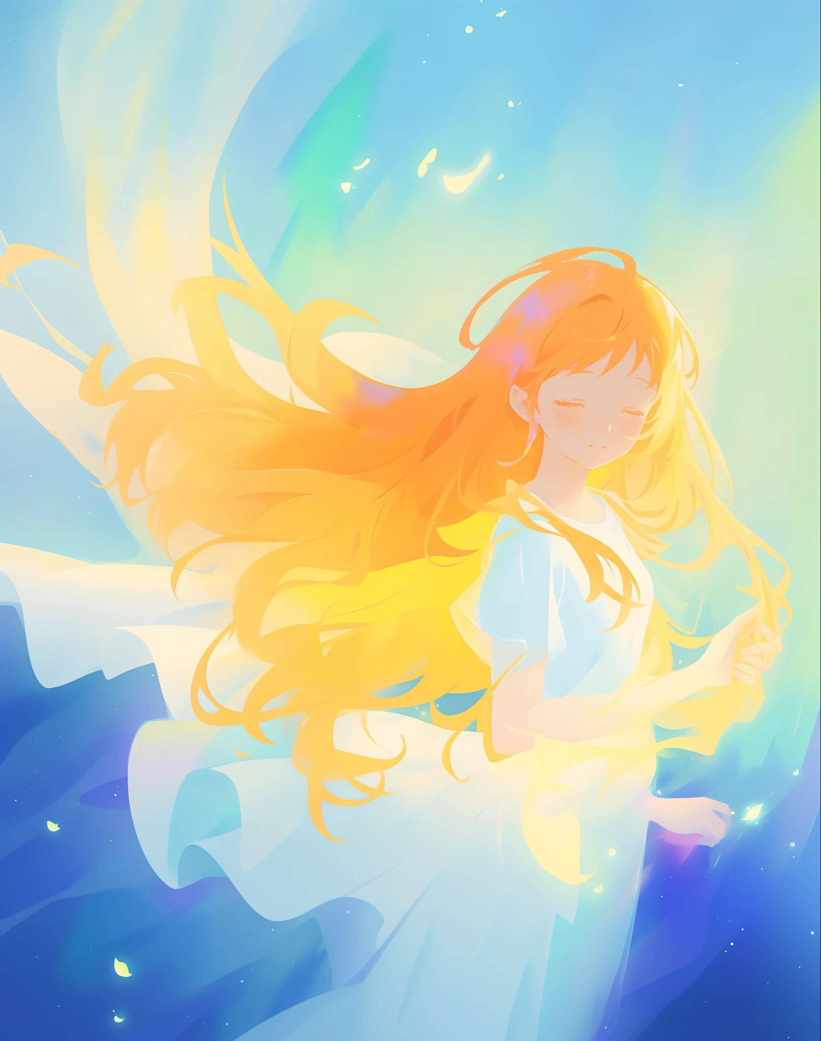 beautiful girl in white dress, fairy dress, long golden hair, watercolor illustration, inspired by Glen Keane, inspired by Lois van Baarle, disney art style, by Lois van Baarle, glowing aura around her, by Glen Keane, jen bartel, glowing lights! digital painting, flowing glowing hair, glowing flowing hair, beautiful digital illustration, fantasia otherworldly landscape plants flowers, beautiful, masterpiece, best quality, anime disney style