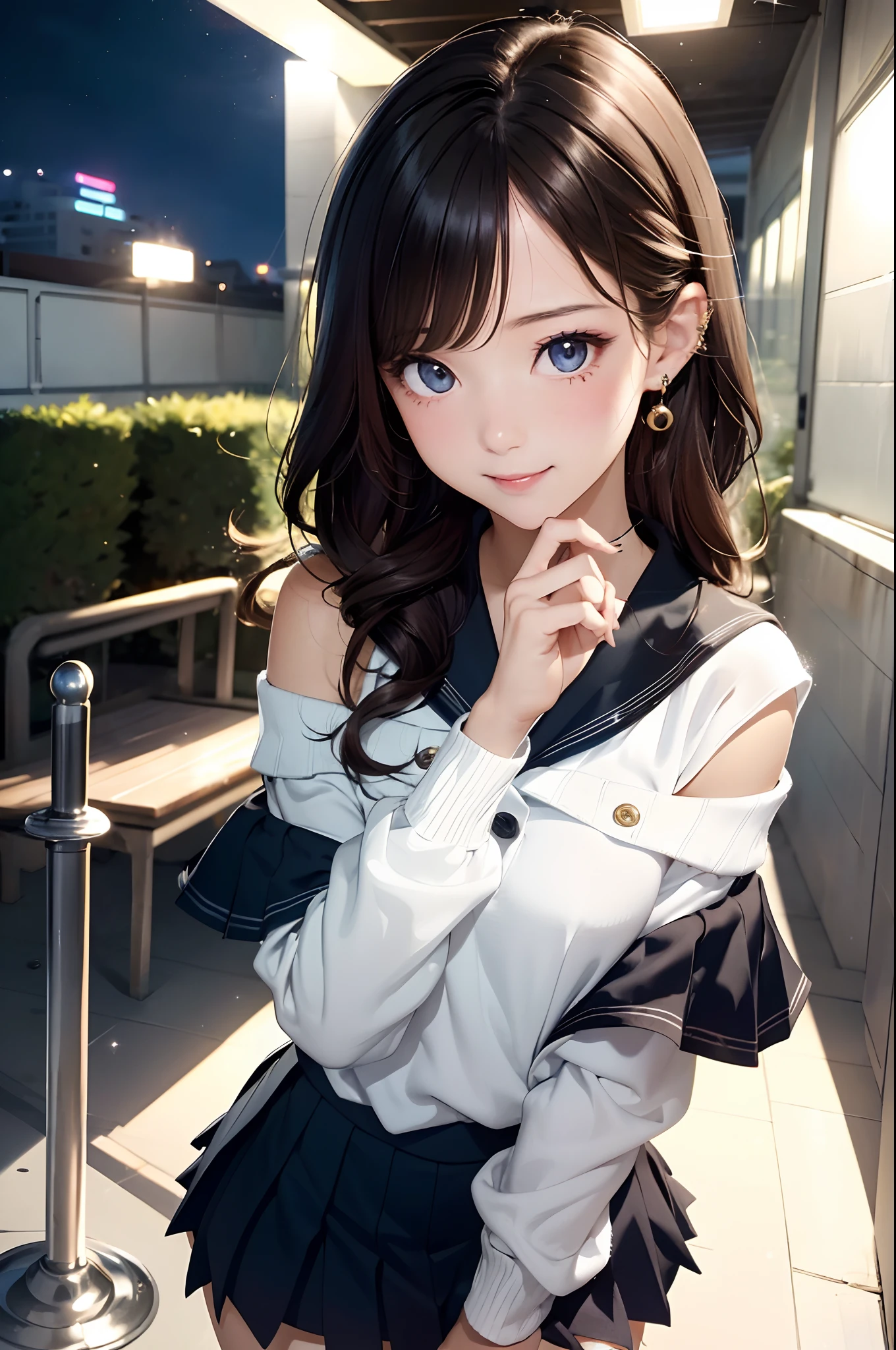 Close up portrait of woman in sailor suit holding sword, cosplay foto, Anime girl cosplay, Ash in Overwatch, publicity cosplay, glamourous cosplay, Anime Cosplay, Sailor Uniform, lux from league of legends, full-cosplay, professional cosplay, small curvy loli, she is holding a katana sword, Ayaka Cosplay, (masutepiece: 1.3), (max resolution: 1.2), (Ultra HDTV: 1.2), cinematric light, Ultra HDTV, (Detailed eyes and skin), (detailed facial features), nffsw, 8K resolution, Sharp Focus: 1.2, Perfect Style, Beautiful face, acurate, Anatomically correct, Highly detailed face and skin texture, Detailed eyes, Dark-blue eyes, Double eyelids, Thin eyebrows, dropping eyes, (Glitter Eyeliner:1.2), Natural cheeks, Glossy skin, (Fair skin:1.2), shiny necklace and earrings, (Glossy lips: 1.4), BREAK, absurderes, One-person viewpoint, (she is high school student), (Wearing a Button up shirt, Blazer, Pleated mini-skirt), ((Off-shoulder:1.3)), (Shy smile:1.2), ((Innocent and very cute girl:1.3)), (Layered hairstyle, Wavy Hair), (dark brown hair:1.2), Medium Long Hair, (Full body shot: 1.2), Focus on Face, large full breasts, ((sexy pose on Instagram:1.2)), ((In the School Rooftop at night)),