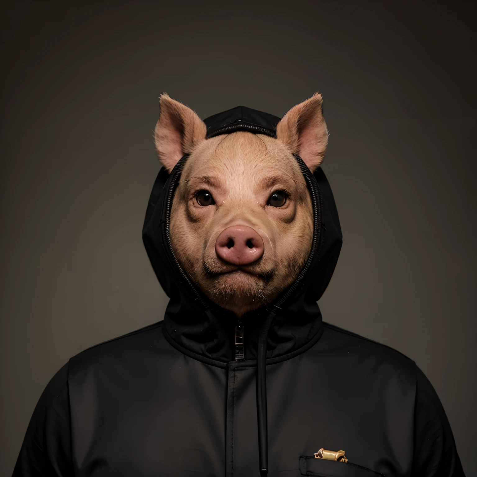 Pig's head, Homem meio animal, Pig's head, Animal head, corpo casaco preto, moletom, animal head "Porco", realista, porco homem, Homem porco.