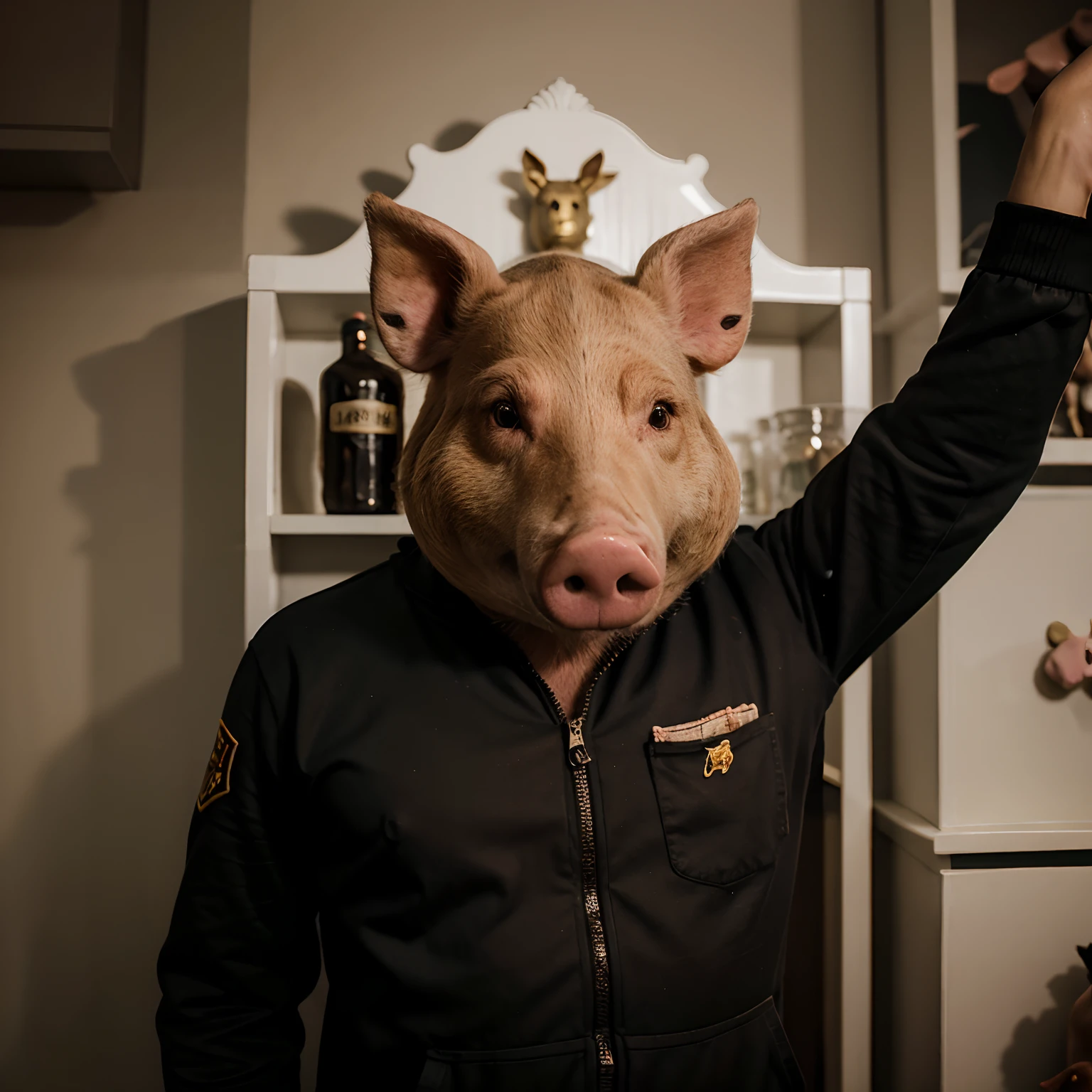 Pig's head, Homem meio animal, Pig's head, Animal head, corpo casaco preto, moletom, animal head "Porco", realista, porco homem, Homem porco.