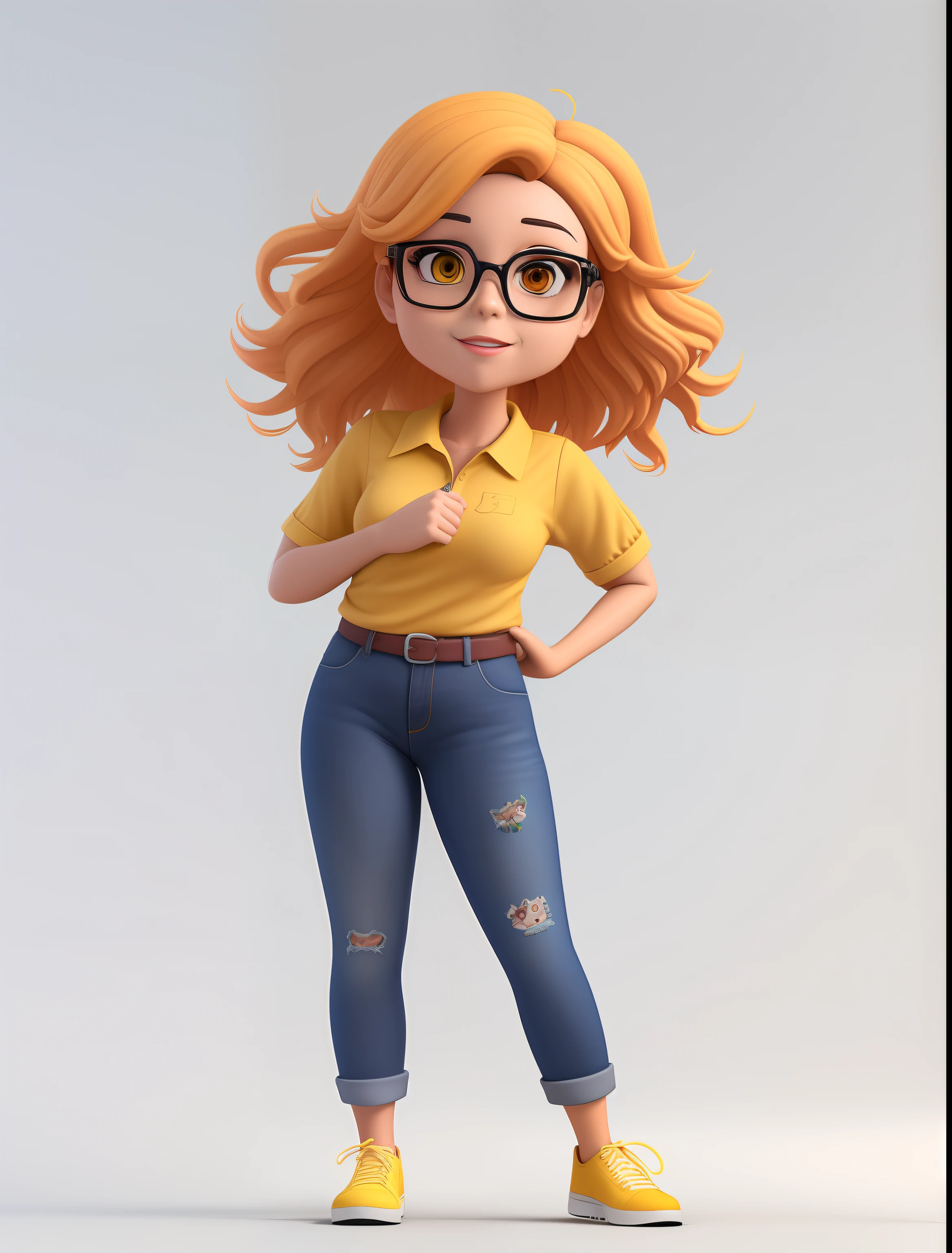 Cartoon girl with glasses and yellow shirt posing for a photo, animation character, Retrato de corpo inteiro do personagem, retrato de personagem de corpo inteiro, Personagem de corpo inteiro, Pose casual, character is in her natural pose, personagem bonito, personagem de desenho animado, Personagem 3D, Personagem 3D, Personagem 3d realista, single character full body, 3 d character render, arte oficial do personagem