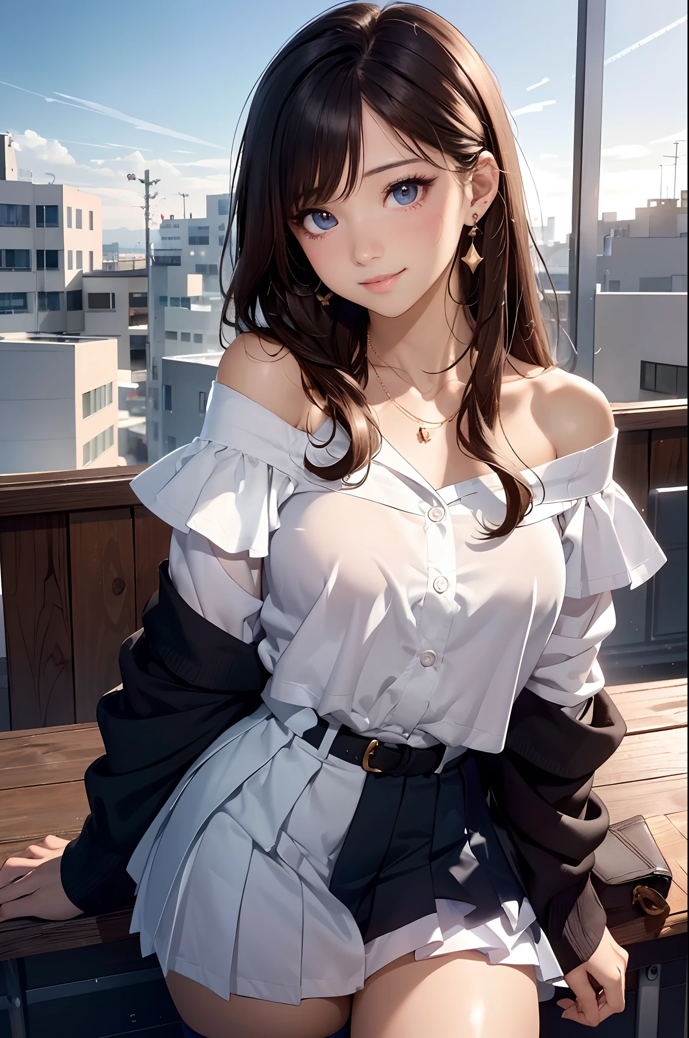 Close up portrait of woman in sailor suit holding sword, cosplay foto, Anime girl cosplay, Ash in Overwatch, publicity cosplay, glamourous cosplay, Anime Cosplay, Sailor Uniform, lux from league of legends, full-cosplay, professional cosplay, small curvy , she is holding a katana sword, Ayaka Cosplay, (masutepiece: 1.3), (max resolution: 1.2), (Ultra HDTV: 1.2), cinematric light, Ultra HDTV, (Detailed eyes and skin), (detailed facial features), nffsw, 8K resolution, Sharp Focus: 1.2, Perfect Style, Beautiful face, acurate, Anatomically correct, Highly detailed face and skin texture, Detailed eyes, Dark-blue eyes, Double eyelids, Thin eyebrows, dropping eyes, (Glitter Eyeliner:1.2), Natural cheeks, Glossy skin, (Fair skin:1.2), shiny necklace and earrings, (Glossy lips: 1.4), BREAK, absurderes, One-person viewpoint, (she is high school student), (Wearing a Button up shirt, Blazer, Pleated mini-skirt), ((Off-shoulder:1.3)), (Shy smile:1.2), ((Innocent and very cute girl:1.3)), (Layered hairstyle, Wavy Hair), (dark brown hair:1.2), Medium Long Hair, (Full body shot: 1.2), Focus on Face, large full breasts, ((sexy pose on Instagram:1.2)), ((In the School Rooftop at night)),