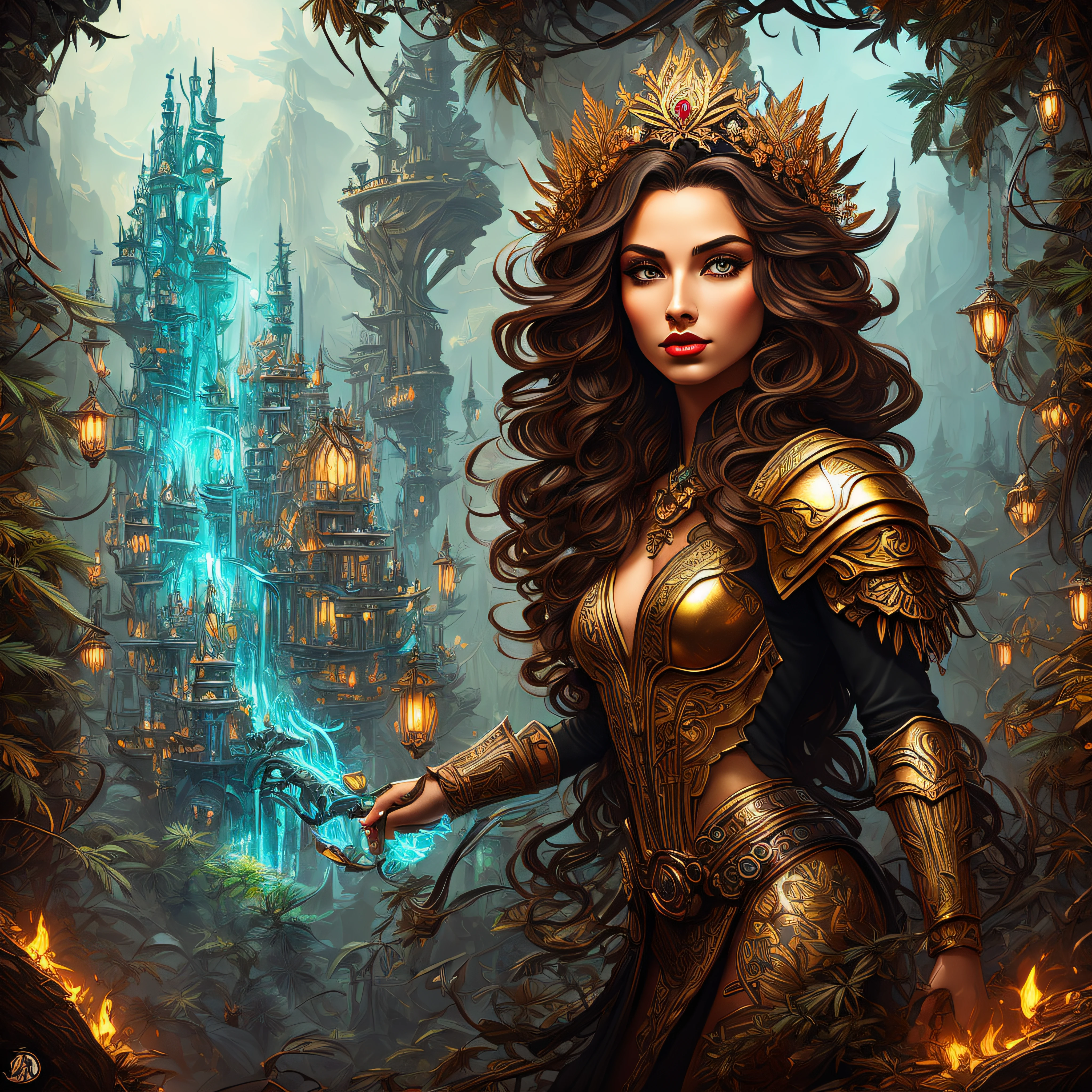 A woman (Jesica Alba :1.1) red lips, green eyes, as the queen of Cannabis, with a crown, steampunk style, with armor made of copper and Gold with Cannabis motive, and Cannabis plants and leafs all over to create a tasteful style poster to promote Cannabis, beautiful art UHD 4 k, a beautiful artwork illustration, beautiful digital artwork, exquisite digital illustration, beautiful digital illustration, digital art fantasy art, beautiful fantasy art portrait, stylized urban fantasy artwork, digital art fantasy with Cannabis motive