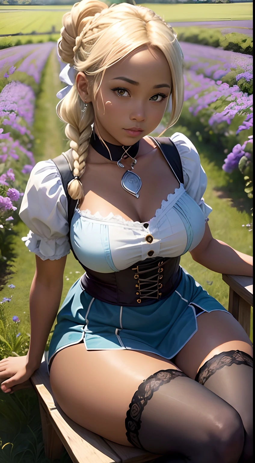 Fiona Belli cute face beautiful,,((ultra detailed, masterpiece, absurdres)) HGFiona, 1girl, blonde hair, blue eyes, in a lush jungle with vibrant flowers, huge tits nude , corset medieval,