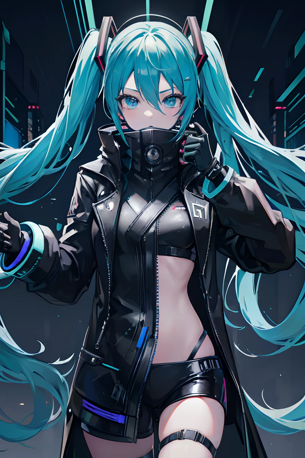 Hatsune Miku hacker, Watch Dogs, Cyberpunk 2077, ((Black Overcoat)), High res, best res, absurd res, good face, best face