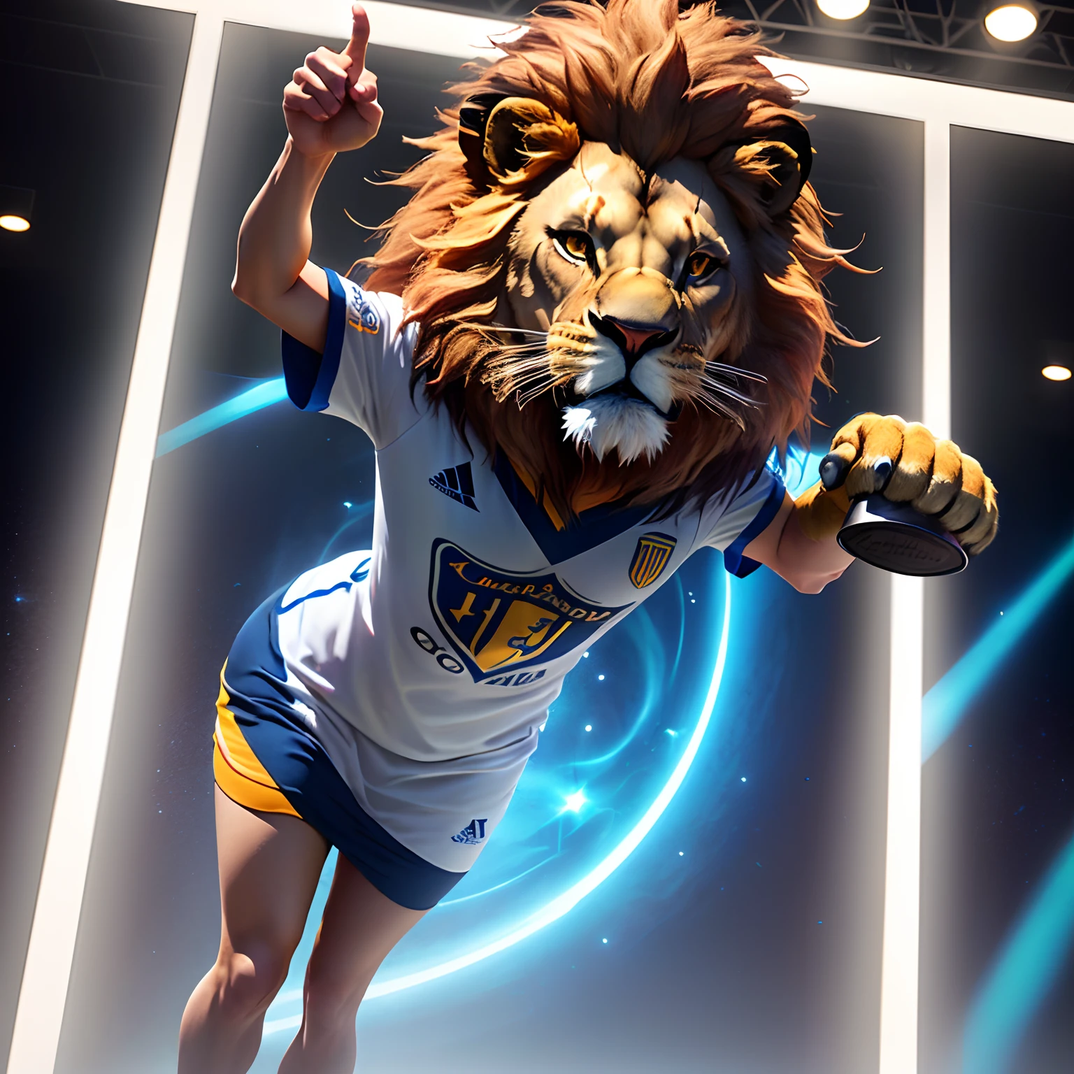 Create an image of a lion, estilo pixar, 3d, vestido com a camisa de listras azul, vermelho e branco, Holding the Copa Sudamericana trophy