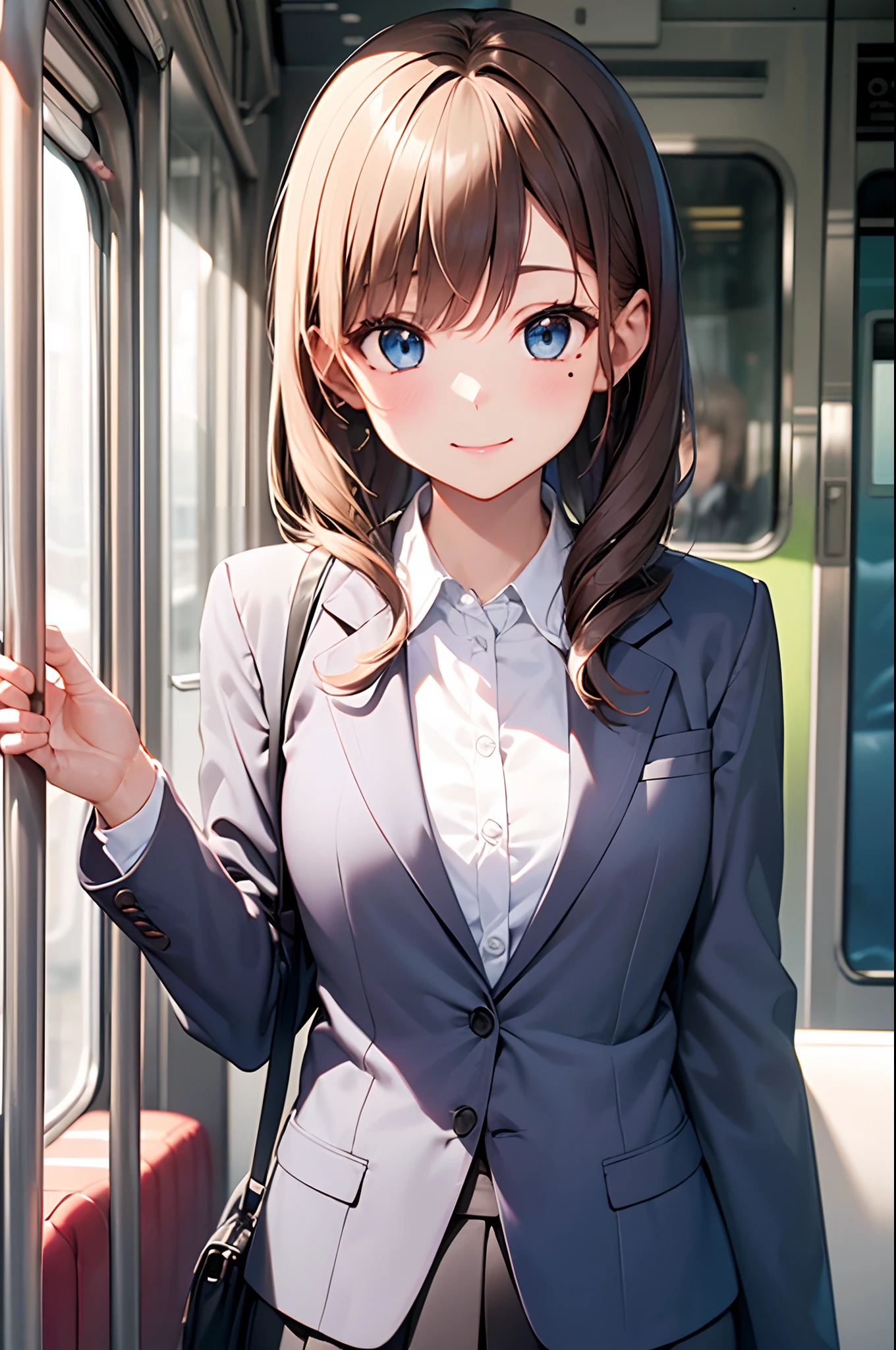 (Girl with a nasty appearance:1.1)、(Daytime:1.5)、(and chest:1.4)、Raw photography, top-quality, hight resolution, (masterpiece), (Photorealsitic:1.4), (Mole under the eyes),Anime Cosplay, foco nítido, nffsw, 8K分辨率, intricate detailes, depth of fields, the Extremely Detailed CG Unity 8K Wallpapers, front lit, femele,25-years old、 Happy face,Smiling、(tying hair:1.5)、(Medium Showtrain Bo Hair)、(Wearing a suit:1.3)、blue eyess,(Train:1.5)、(City during the day from the window:1.3)、(Full body depiction)、(Looking out the window:1.2)、shining world、Right hand grabs the strap、On the train、Day trains