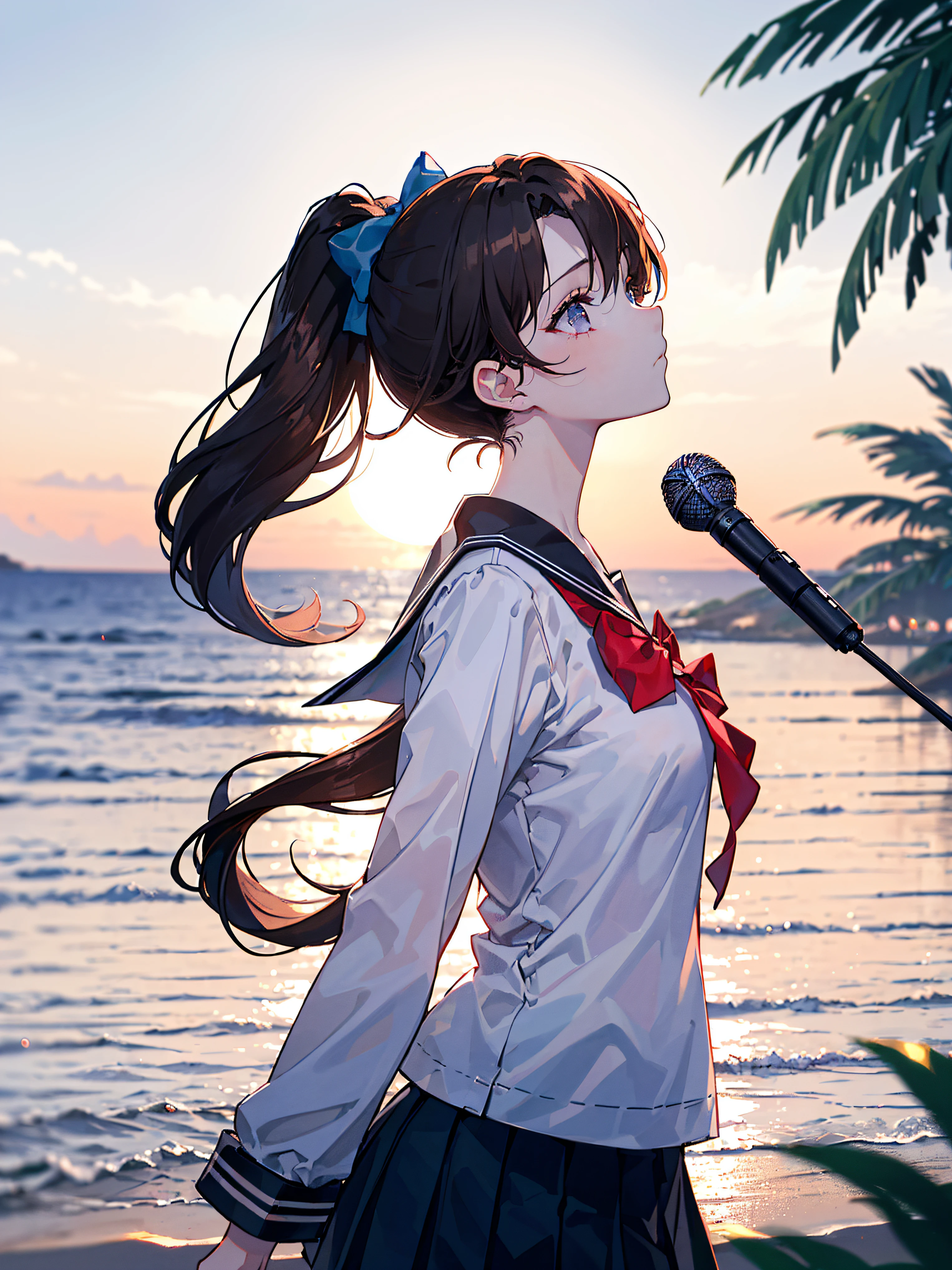 ((((Sharp focus,Vaporwave,Depression angle 30 degrees,indifferent,))))((microphone,standing microphone,fashion design,))(Masterpiece illustration,Beautiful and aesthetic:1.2,Dramatic composition:1.2), Best quality,Top quality, Epic quality,((coconut trees,coast,beach,)(Sun glare, Bokeh, Depth of field, The background is blurred out, Light particles, neo-classical, OP Art, god light,))Rich background, Neat face,underage,Young,Beautiful detailed hair,brown hair,hyper HD, retinas, Textured skin, A high resolution, 16k ,((pony tails,long hair,Large bow on ponytail)),Detailed face, 1JK, 1girll,Solo, Perfect face, Very amazing girl,(black sailor uniform,White sailor tie at front),The light from the back window is backlighted,rim-light,