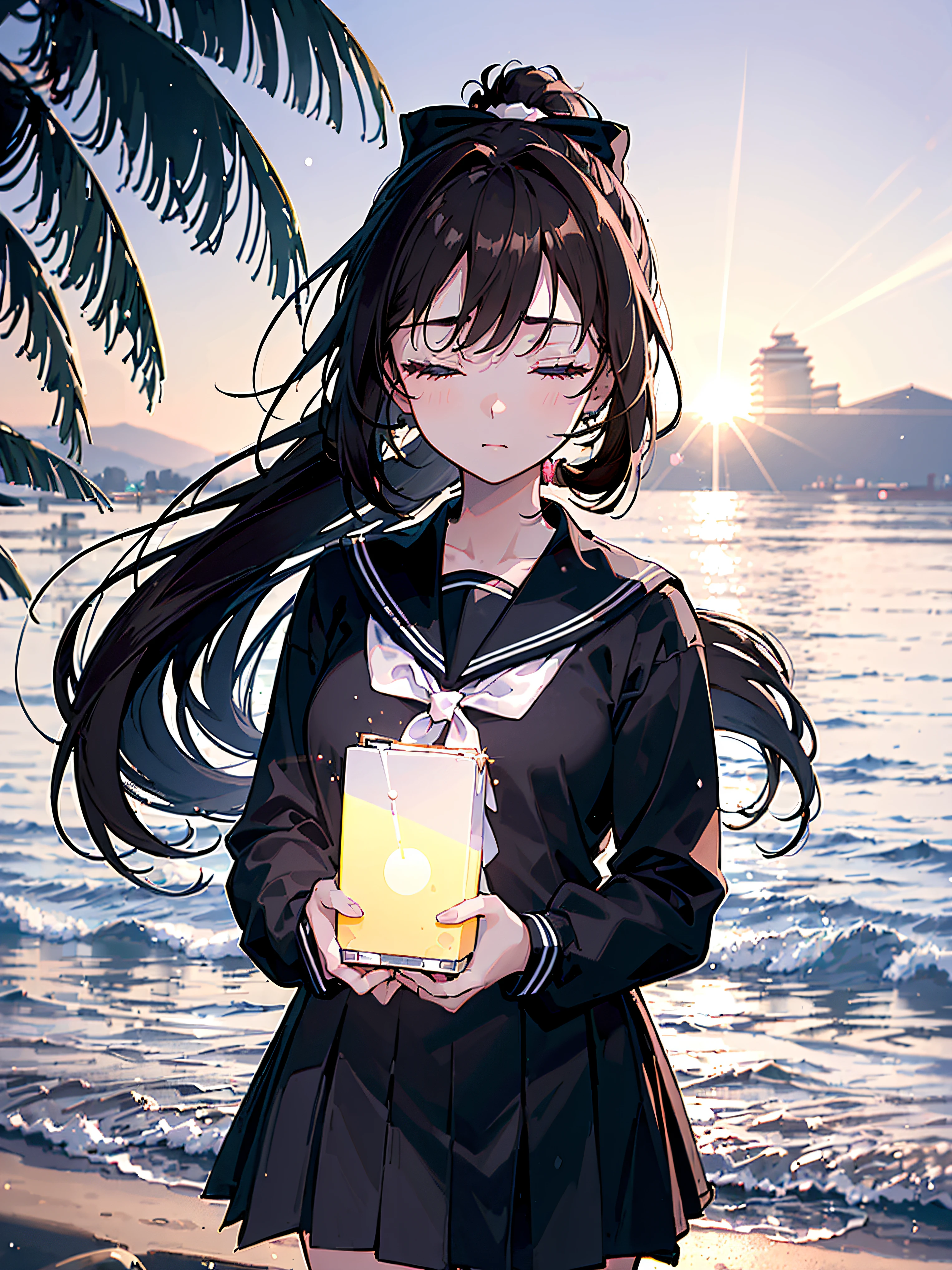 ((((Sharp focus，Vaporwave,Depression angle 30 degrees，indifferent, half closed eyes,))))((microphone,standing microphone,fashion design,))(Masterpiece illustration,Beautiful and aesthetic:1.2,Dramatic composition：1.2), Best quality,Top quality, Epic quality,((coconut trees,coast,beach,mp3,)(Sun glare, Bokeh, Depth of field, The background is blurred out, Light particles, neo-classical, OP Art, god light,))Rich background, Neat face,underage,Young,Beautiful detailed hair，brown hair，hyper HD, retinas, Textured skin, A high resolution, 16k ，((pony tails,long hair,Large bow on ponytail)),Detailed face, 1JK, 1girll,Solo, Perfect face, Very amazing girl,(black sailor uniform,White sailor tie at front),The light from the back window is backlighted,rim-light,