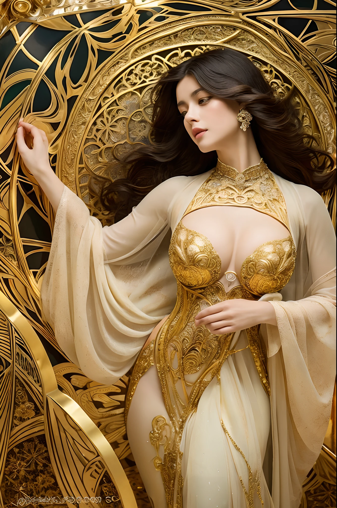 high quality, 8K Ultra HD, In the spirit of Gustav Klimt, the canvas comes alive with intricate patterns, Thebeautiful woman, standing at the center, is adorned in a gown that seems to weave seamlessly with the ornate swirls and geometric shapes reminiscent of Klimt's iconic The Kiss, The embellishments dance around her figure, creating an aura of opulence, The woman's pose takes inspiration from the flowing lines and curves found in Alphonse Mucha's art nouveau masterpieces. Her silhouette echoes the sinuous elegance of Mucha's muses, with cascading hair that transforms into ethereal tendrils, adorned with delicate flowers and vines that intertwine with the golden patterns, by yukisakura, highly detailed,