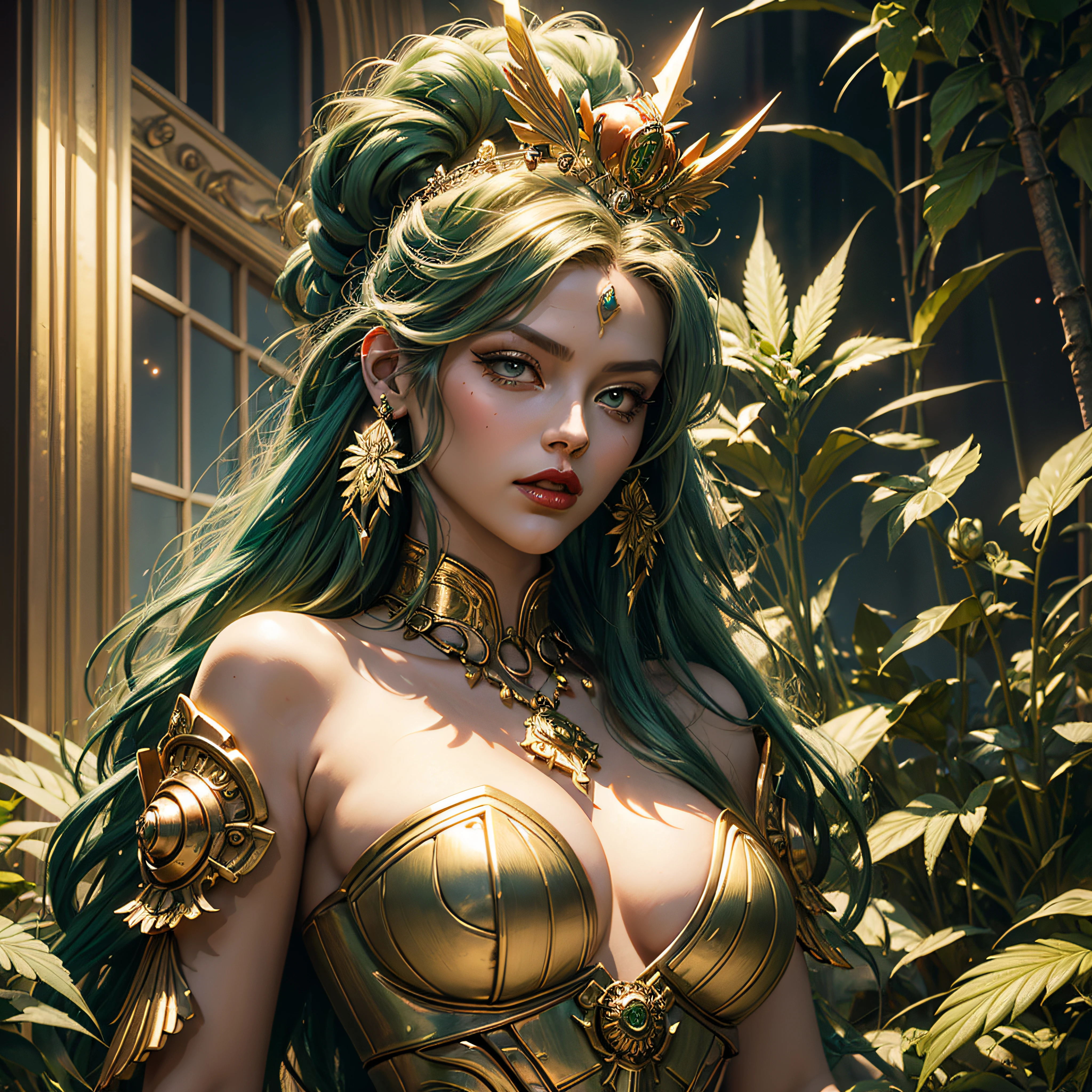A woman (Jesica Alba :1.1) red lips, green eyes, as the queen of Cannabis, with a crown, steampunk style, with armor made of copper and Gold with Cannabis motive, and Cannabis plants and leafs all over to create a tasteful style poster to promote Cannabis, beautiful art UHD 4 k, a beautiful artwork illustration, beautiful digital artwork, exquisite digital illustration, beautiful digital illustration, digital art fantasy art, beautiful fantasy art portrait, stylized urban fantasy artwork, digital art fantasy with Cannabis motive