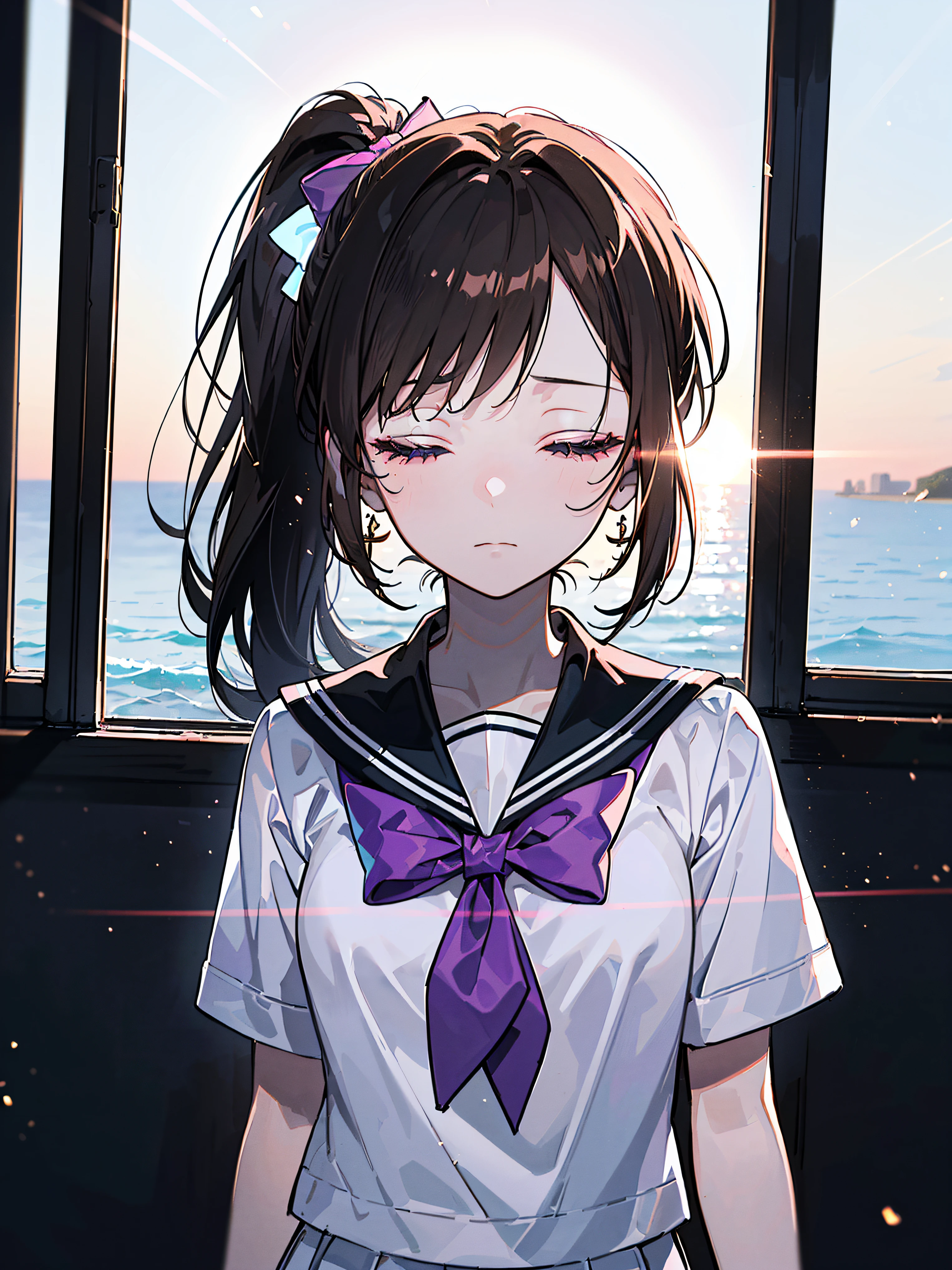 ((((Sharp focus，Vaporwave,Depression angle 30 degrees，indifferent, half closed eyes,))))((microphone,standing microphone,fashion design,))(Masterpiece illustration,Beautiful and aesthetic:1.2,Dramatic composition：1.2,near a window,), Best quality,Top quality, Epic quality,((coast,beach,mp3,)(Sun glare, Bokeh, Depth of field, The background is blurred out, Light particles, neo-classical, OP Art, god light,))Rich background, Neat face,underage,Young,Beautiful detailed hair，brown hair，hyper HD, retinas, Textured skin, A high resolution, 16k ，((pony tails,long hair,Large bow on ponytail)),Detailed face, 1JK, 1girll,Solo, Perfect face, Very amazing girl,(black sailor uniform,White sailor tie at front),The light from the back window is backlighted,rim-light,