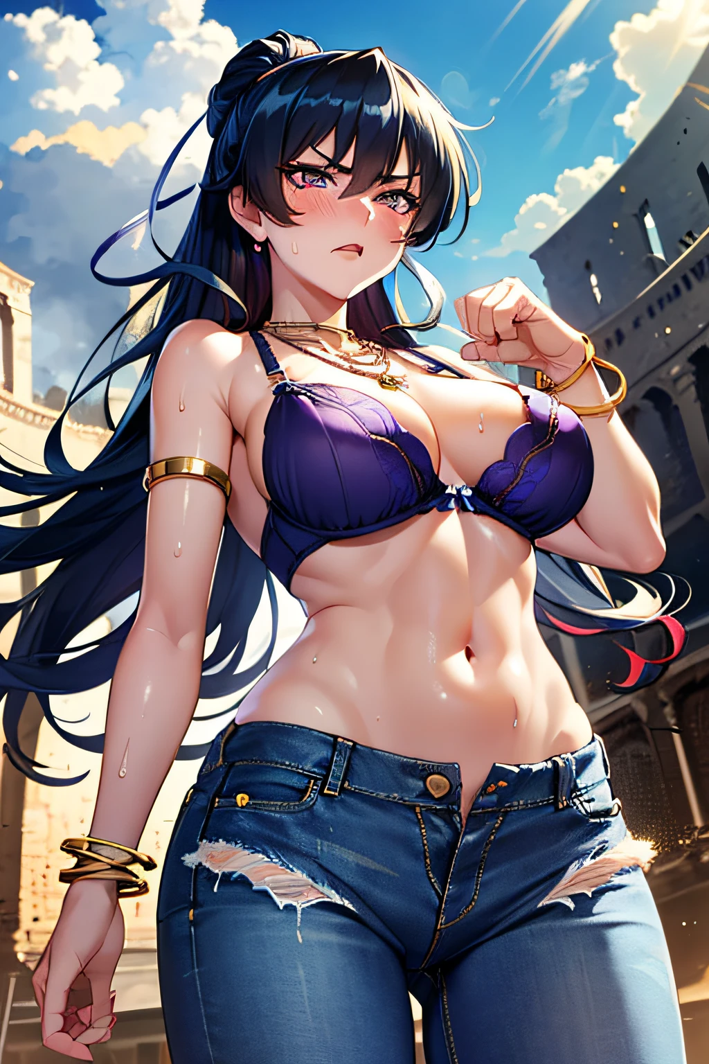 asagi,mature female,large breasts,see through nipples, Gorgeous wavy hair,Soft tendril hair,long hair, ponytail,blue hair, hair between eyes, sidelocks, purple eyes,(delicate embellishments Gorgeous bra:1.2),navel,(low-rise damaged short denim pant:1.3),no panties,(sweat gleaming skin:1.1), outdoors,sunlight, spotlight effect,bright sky, blue sky with clouds,strong wind, (colosseum),(highres, high quality:1.1), intricate details, cinematic lighting, 1girl,(red blush,angry),(Gorgeous Necklace,jewelry, bracelet),(dynamic fighting pose:1.2),dynamic angle,from below