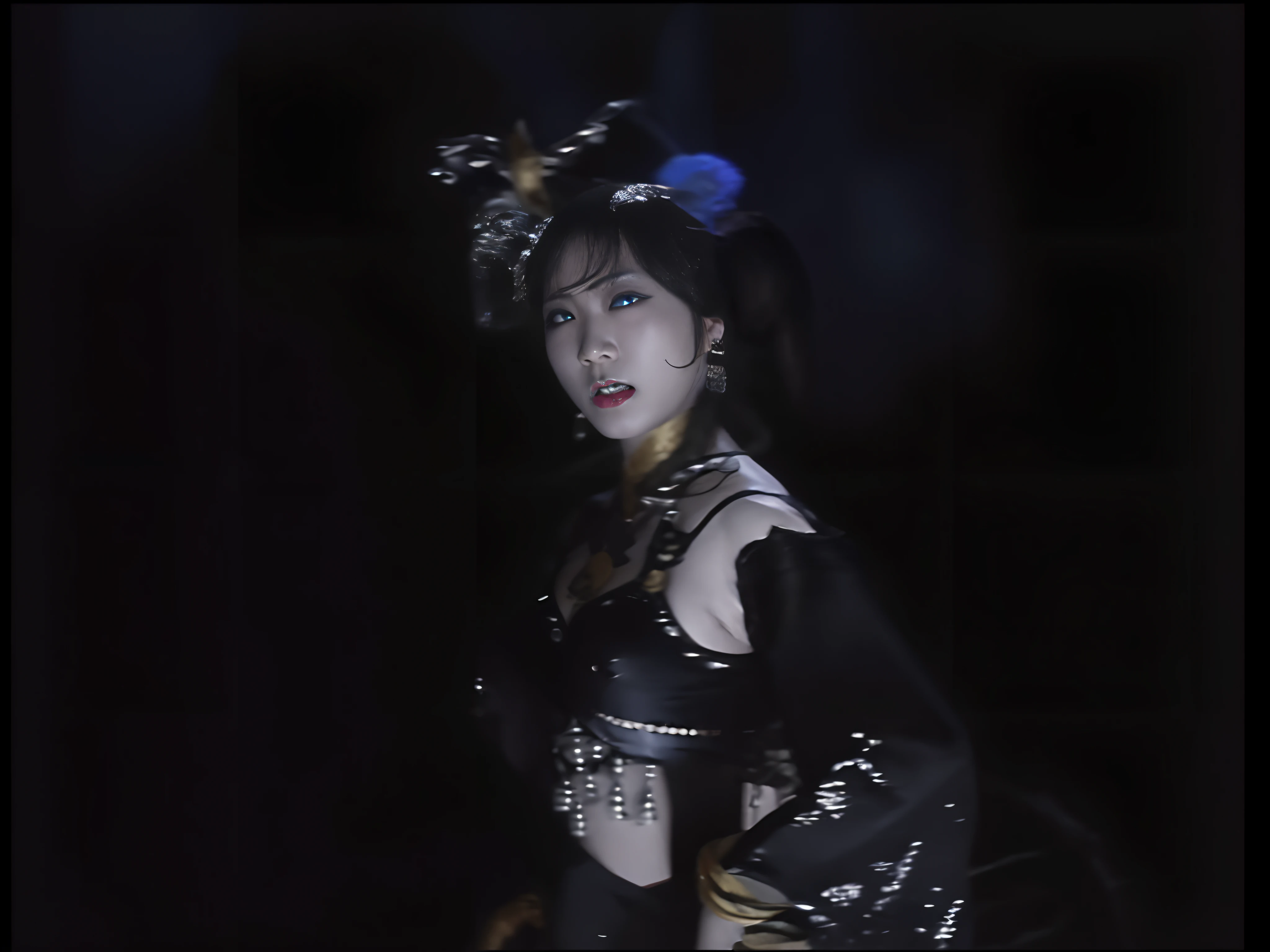 Asian succubus female ghost dancing in a black bikini,Succubus dancer,Li Tang hairstyle,The expression is vicious,vred, Big chest,heavy makeups,cannibalism,Enchanting seduction,Cross your hands at the waist,cropped shoulders,open waist,Bare chest,have eyes on the camera,Dress revealingly,There are yellow bracelets,scene from kagemusha, fantasy movie still, japanese horror movie footage, movie screencap, screenshot from the 1983 film, Demon Dancer,Supervillain, screenshots from movies,