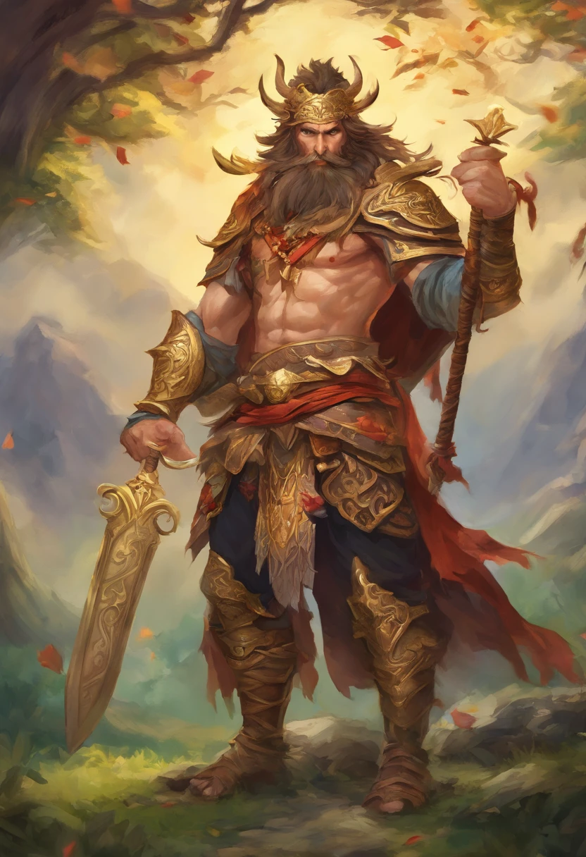 (master part, melhores detalhes), mytical creature, Dom Wukong, cabelos dourados, use golden circle, usar armadura de roupa tradicional, segurando o cajado apoiado em seu ombro