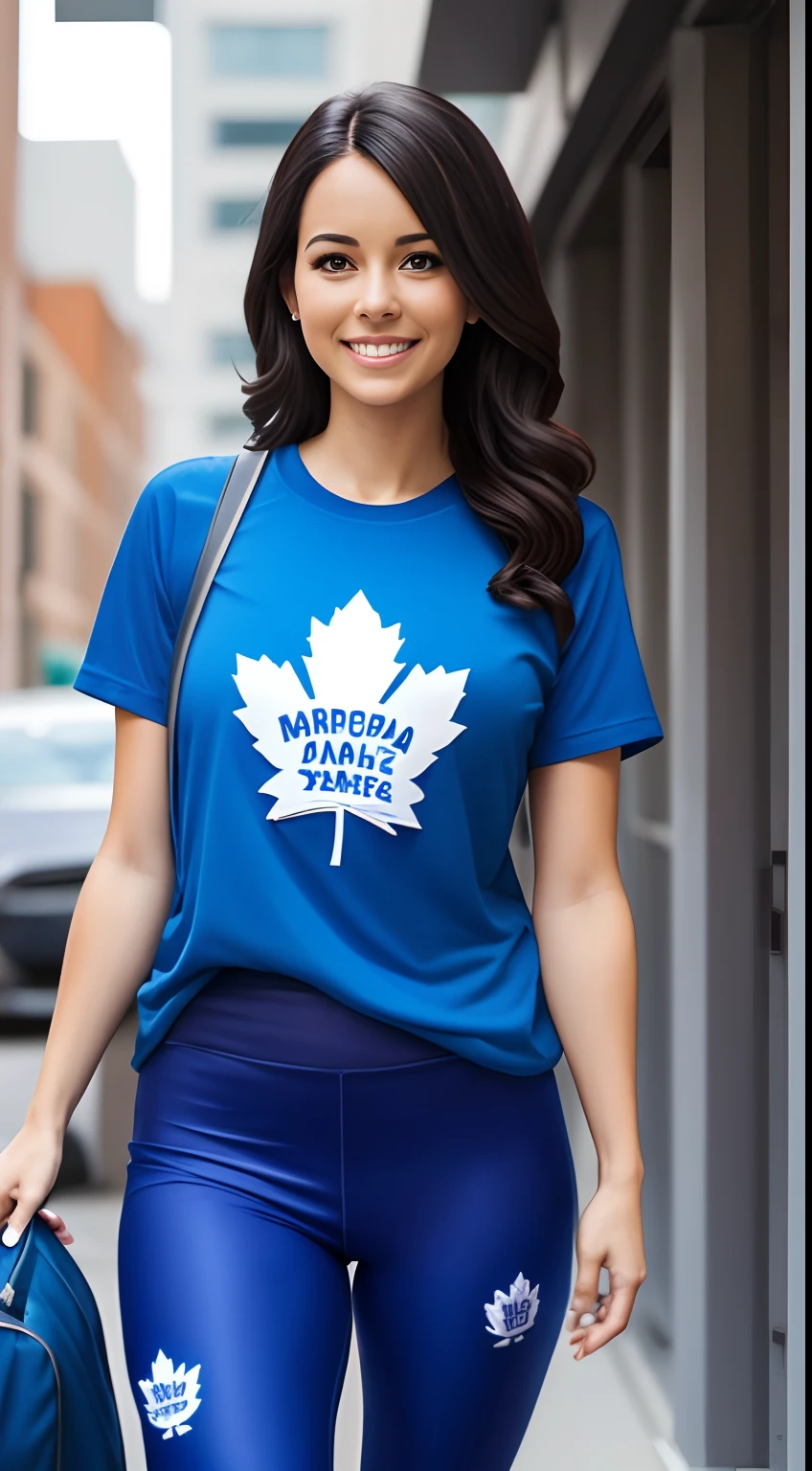 Canadian woman, 27 years old, wearing a blue Tshirt with the Toronto maple leafs logo and blue leggings, smiling