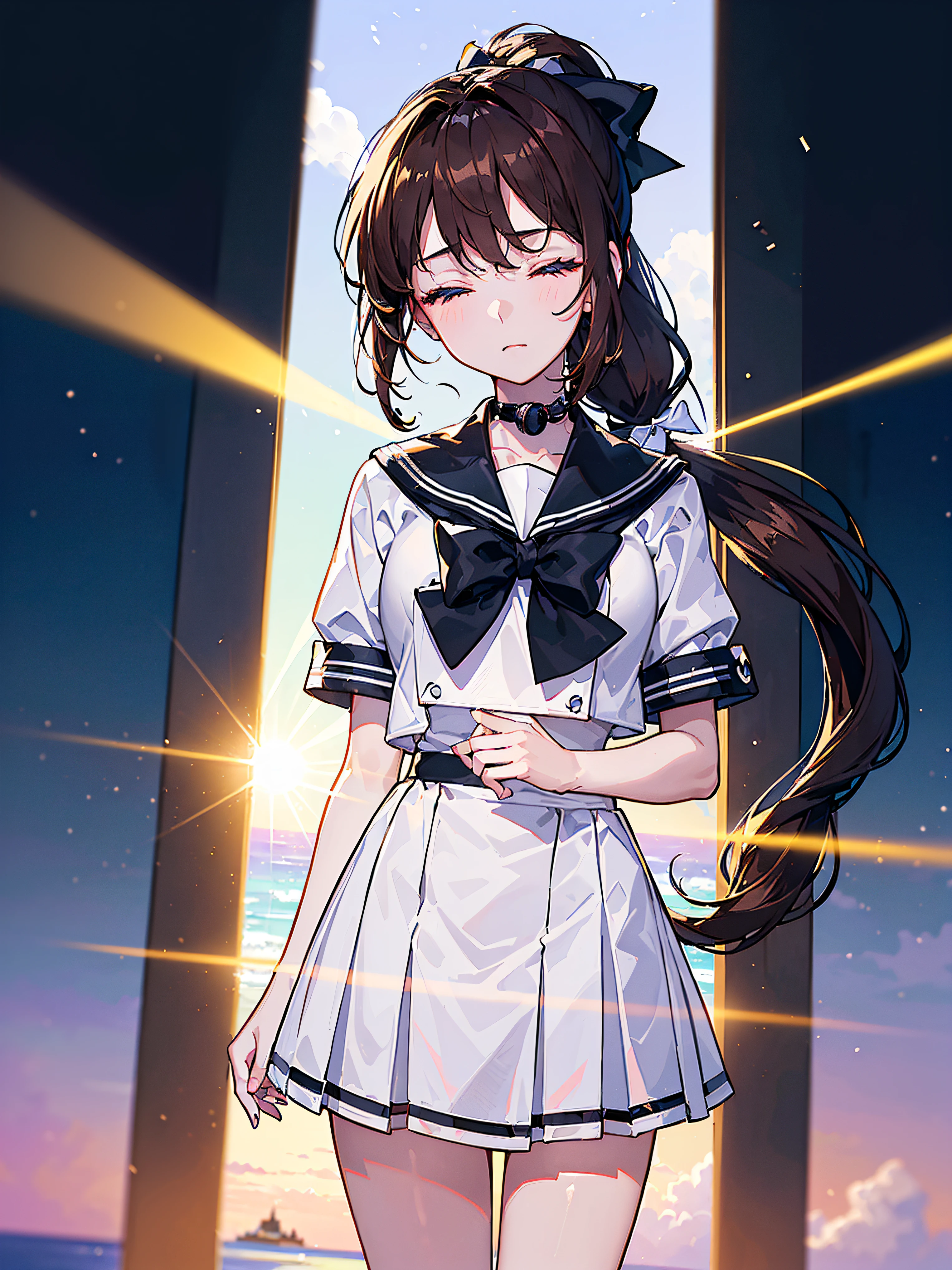 ((((Sharp focus,Vaporwave,Depression angle 30 degrees,indifferent, half closed eyes,))))((microphone,standing microphone,fashion design,))(Masterpiece illustration,Beautiful and aesthetic:1.2,Dramatic composition:1.2,near a window,), Best quality,Top quality, Epic quality,((coast,beach,mp3,)(Sun glare, Bokeh, Depth of field, The background is blurred out, Light particles, neo-classical, OP Art, god light,))Rich background, Neat face,underage,Young,Beautiful detailed hair,brown hair,hyper HD, retinas, Textured skin, A high resolution, 16k ,((pony tails,long hair,Large bow on ponytail)),Detailed face, 1JK, 1girll,Solo, Perfect face, Very amazing girl,(black sailor uniform,White sailor tie at front),The light from the back window is backlighted,rim-light,