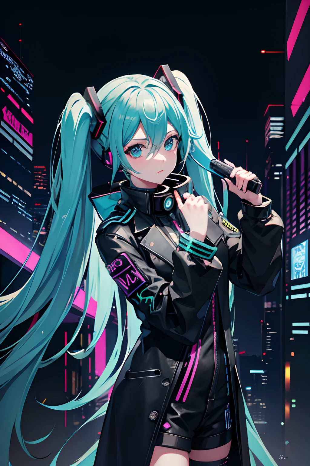 Hatsune Miku hacker, Watch Dogs, Cyberpunk 2077, ((Black Overcoat)), High res, best res, absurd res, good face, best face