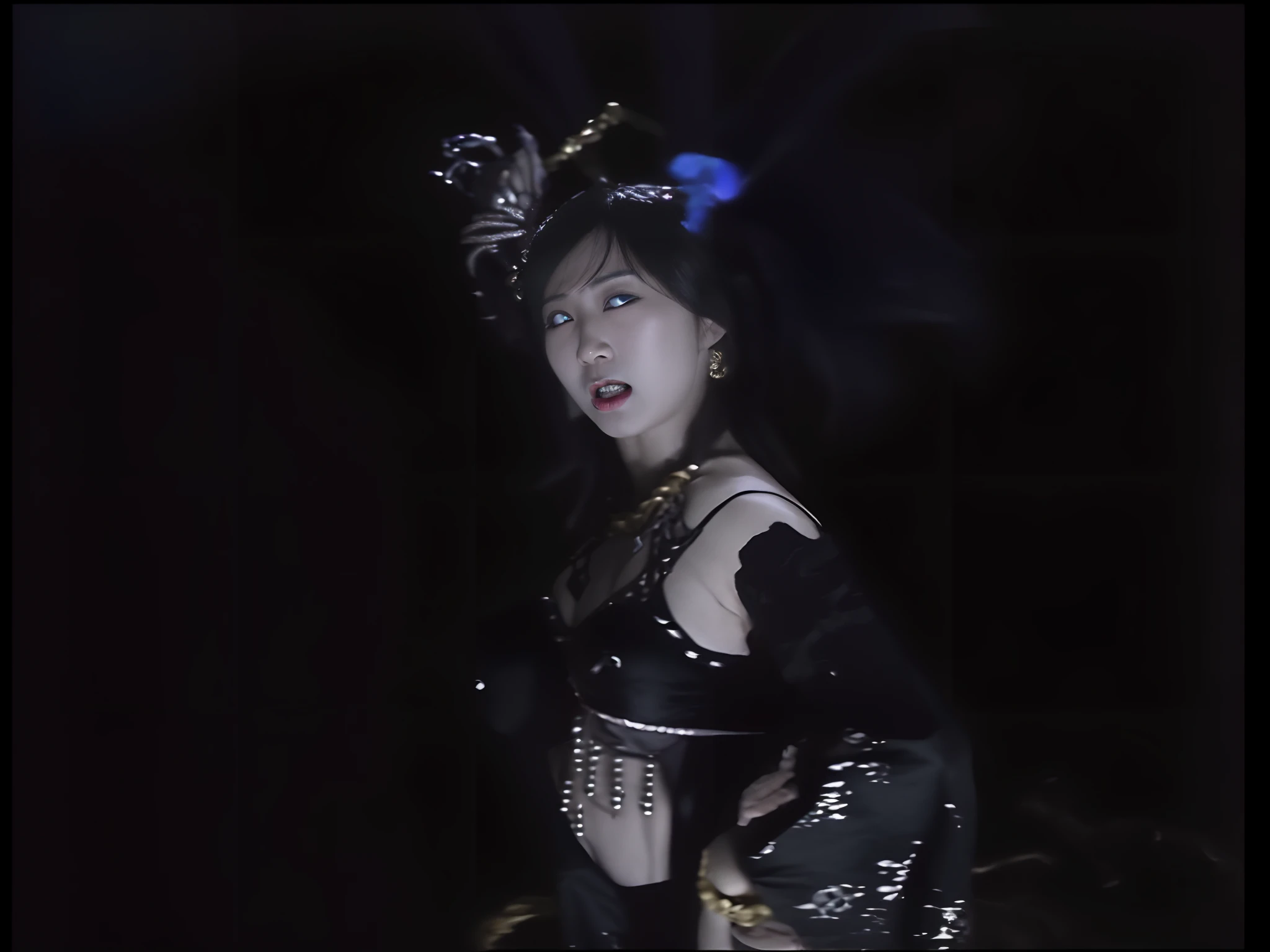 Asian succubus female ghost dancing in a black bikini,Succubus dancer,Li Tang hairstyle,The expression is vicious,vred, Big chest,heavy makeups,cannibalism,Enchanting seduction,Cross your hands at the waist,cropped shoulders,open waist,Bare chest,have eyes on the camera,Dress revealingly,There are yellow bracelets,scene from kagemusha, fantasy movie still, japanese horror movie footage, movie screencap, screenshot from the 1983 film, Demon Dancer,Supervillain, screenshots from movies,