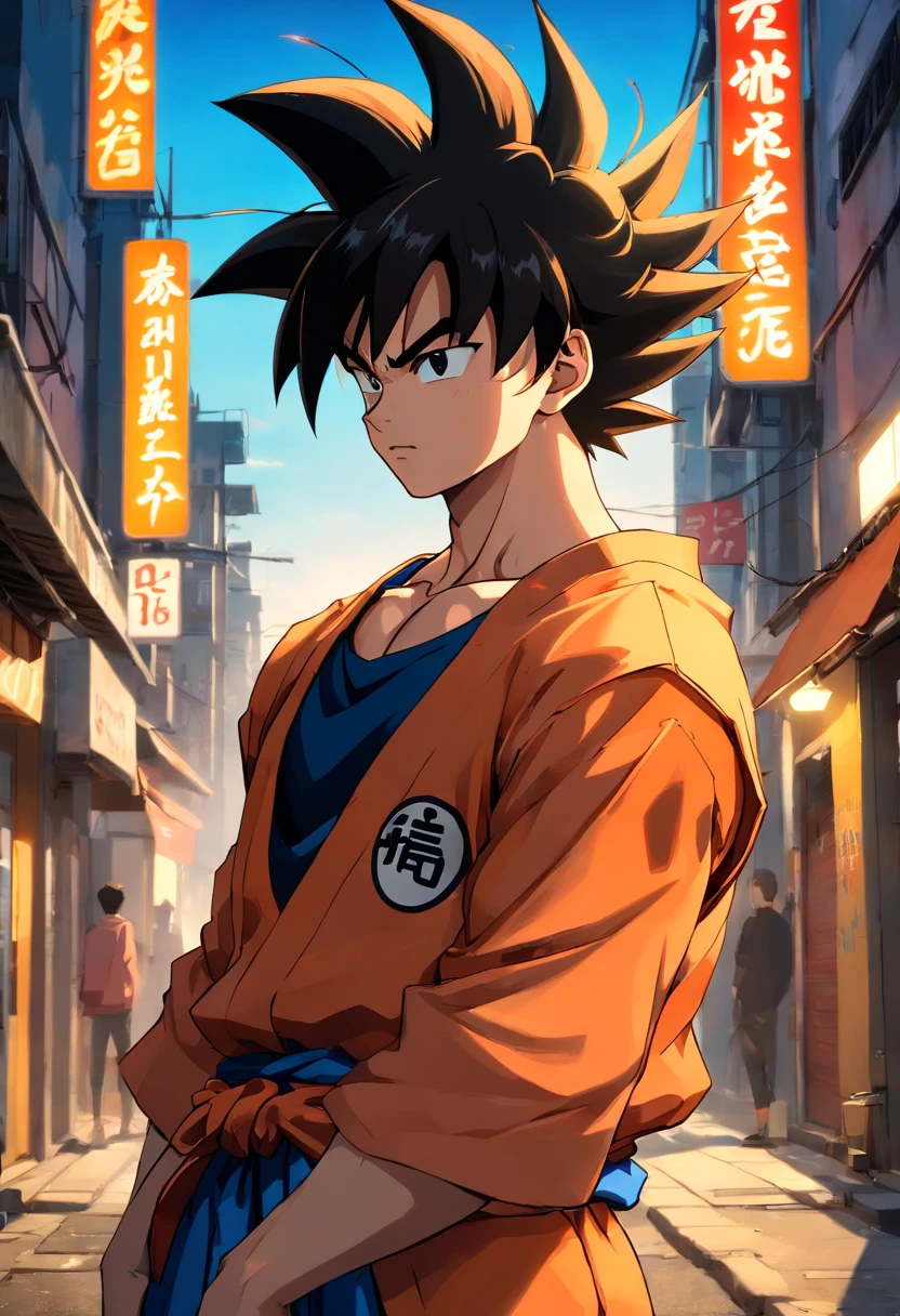 (Realistic,fotorrealista:1.37),ultra-detalhado,Detailed illustration of Goku(circunstanciado,emocional,Expressivo,feature),com roupas estilo streetwear(fashionable,Urbano,casual),Standing in a narrow alley(sombrio,corajoso,Urbano),criado com sombreamento e texturas detalhadas(linhas detalhadas,textured surfaces),cores vivas com uma mistura de tons vibrantes de arte de rua(grafity,Arte Pop,arte Urbanoa),exalando uma aura de poder(poderoso,Energetic,Dynamic presence). The lighting in the scene should be dramatic and focused, com fortes contrastes entre luz e sombra (dramatic lighting,High contrast lighting). Overall image quality should be of the highest standard (best quality,4k,8k,Altas,master part:1.2), capturando cada detalhe intrincado do rosto de Goku, penteado, garments, and muscular physique(tags adicionais para Goku: cabelo espetado, muscular build, confident expression, Olhos determinados). A atmosfera do beco deve refletir um ambiente Urbanoo e arenoso, with hints of a city skyline in the background.