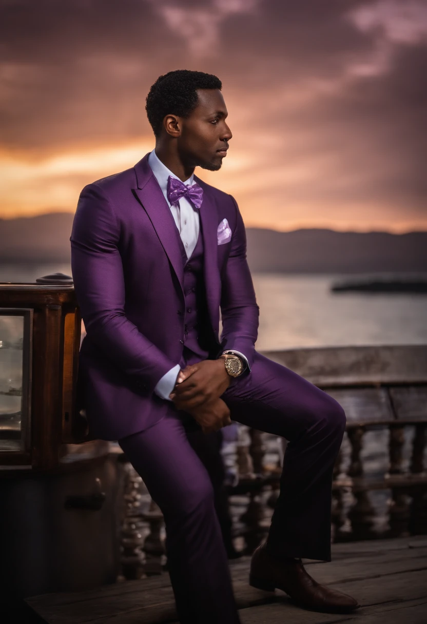 Description: Capture the essence of a confident black man dressed in a striking two-button purple and black striped suit, and a light purple tie. He is on the deck of a historic ship, which had beginnings of fire, in the middle of the high seas, under the impenetrable night sky. The full moon illuminates the surroundings with a soft, silvery glow, and a few wispy clouds add a touch of mystery to the scene. The man exudes wisdom, charisma, charm, and fun with the scene that was happening in front of him, drawing attention in this unique setting.
In front of the well-dressed man, two groups of different ethnicities interact violently in an imminent battle. One group represents African heritage, while the other group is of European descent. The man, despite the conflict to happen, drew attention in this unique setting, due to its calm.
Camera Settings: To get this shot, use a professional-grade camera with a portrait lens. Set the aperture to get a nice background blur (e.g. f/2.8 or larger) to emphasize your subject. Maintain a moderate ISO (e.g. 100-400) for optimal image clarity in low light. Use a fast shutter speed (e.g. 1/200 sec) to capture details without motion blur. The soft moonlight should cast a soft glow on the scene, and the few clouds should add a touch of drama and intrigue.