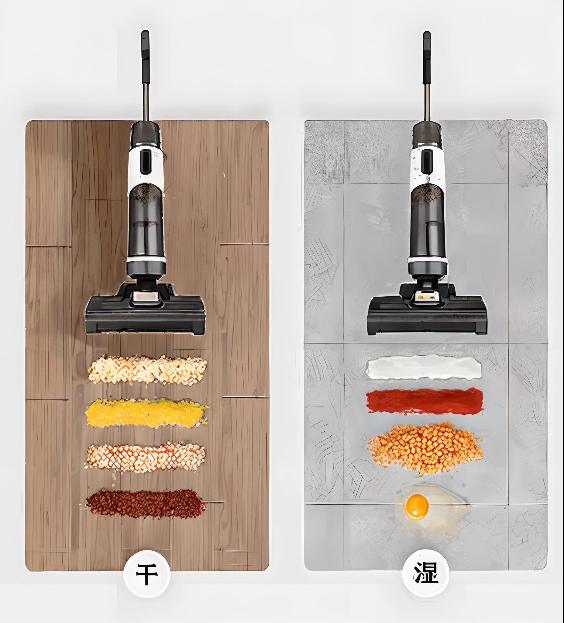 There are two pictures of vacuum cleaners and a table with food, The table on the left is wood-grained,There is on the table,A bunch of rice grains,A pile of crumbled corn,A bunch of mung beans,A bunch of ground coffee,The table on the right is marble,There is on the desktop,Cracked eggs,Is it convenient,Tomato sauce,cream