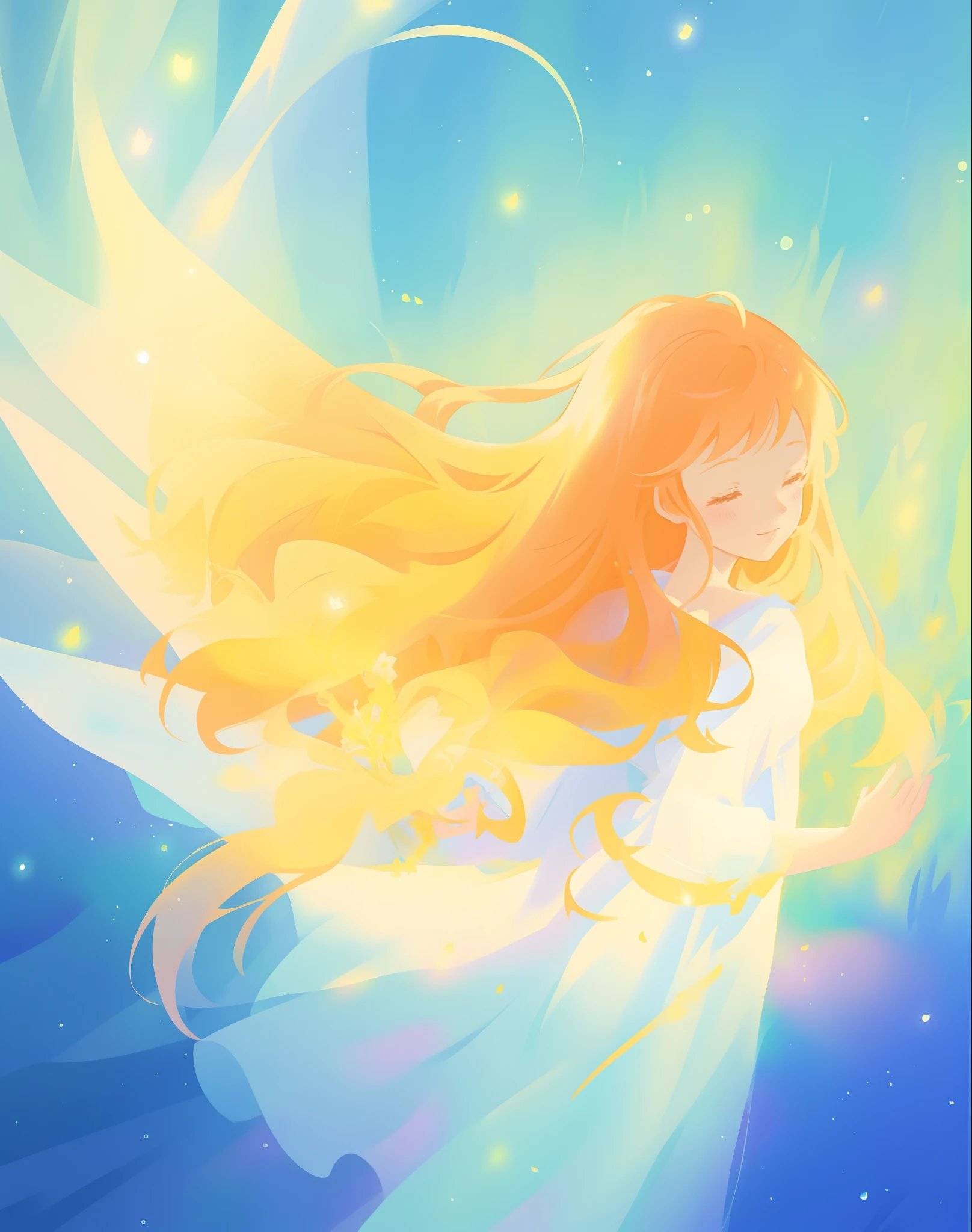 beautiful girl in white dress, fairy dress, long golden hair, watercolor illustration, inspired by Glen Keane, inspired by Lois van Baarle, disney art style, by Lois van Baarle, glowing aura around her, by Glen Keane, jen bartel, glowing lights! digital painting, flowing glowing hair, glowing flowing hair, beautiful digital illustration, fantasia otherworldly landscape plants flowers, beautiful, masterpiece, best quality, anime disney style