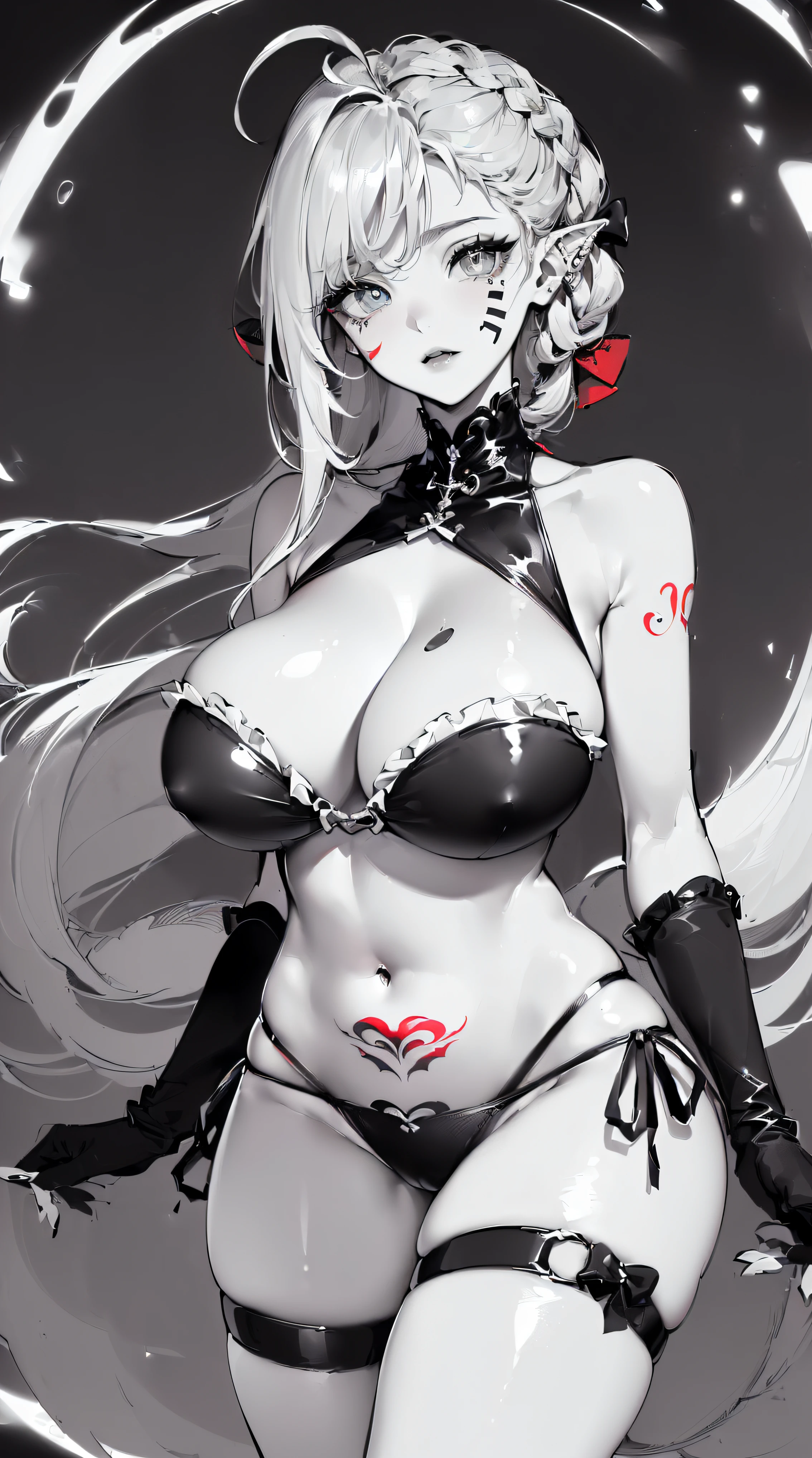 (((((((monochromatic world, using only shades of black and white and little red,facial tattoo,show thighs,thin thighs,))))))(((frills,head tilt,bandeau bikini ,side tie panties,thigh strap,))) (((blush:1.7,baggy cuffs,long fur gloves,breast hold))),(zentangle:1.1), (geometric:1.1), ((1girl,under-aged,amazing,sharp focus,seductive girl,Solo,from top:1.2))(Masterpiece,Best quality, offcial art, Beautiful and aesthetic:1.2),((超高分辨率,Golden ratio,)) (16k),((Mixing Console)), Music Clubs, night club, Independent cinema, Underground danceclub, Underground danceclub,night club,((far shot,succubi,sagging breasts,Slime-like breasts,gigantic breasts)),(Physically-based rendering),Sharp focus, (((highdetailskin,))),Intricately detailed clothing,(Delicate pupils,Symmetrical pupils,Highly detailed pupils),heart pupils,danfeng eye,((((detailed hair|short hair|braid bangs|long bold side bangs|top bow|ahoge|oily,shiny oil)))),Slender,(masterpiece sidelighting),(The sheen),(beautiful hair,beautiful eyes,)((unbelievable Ridiculous quality)),((extremely_Detailed_Eyes_and_face)),Movie girl,(Dynamic configuration: 1.2),Brilliant,Glossy, (Photorealistic), ((hairpin)), two-sided fabric,disheveled hair,Ultra-precise depiction, Ultra-detailed depiction,