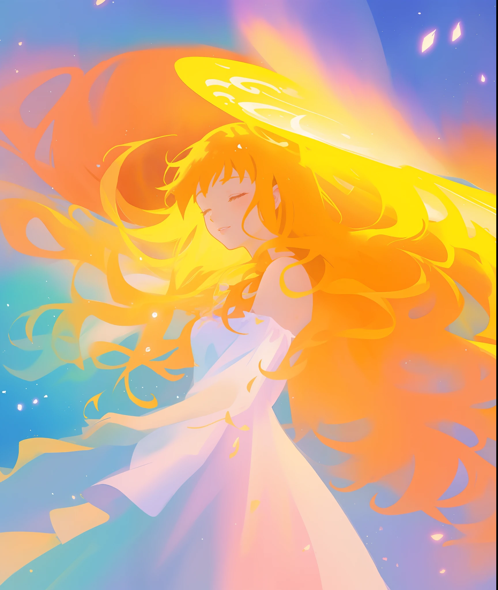 beautiful girl in white dress, fairy dress, long golden hair, watercolor illustration, inspired by Glen Keane, inspired by Lois van Baarle, disney art style, by Lois van Baarle, glowing aura around her, by Glen Keane, jen bartel, glowing lights! digital painting, flowing glowing hair, glowing flowing hair, beautiful digital illustration, fantasia otherworldly landscape plants flowers, beautiful, masterpiece, best quality, anime disney style