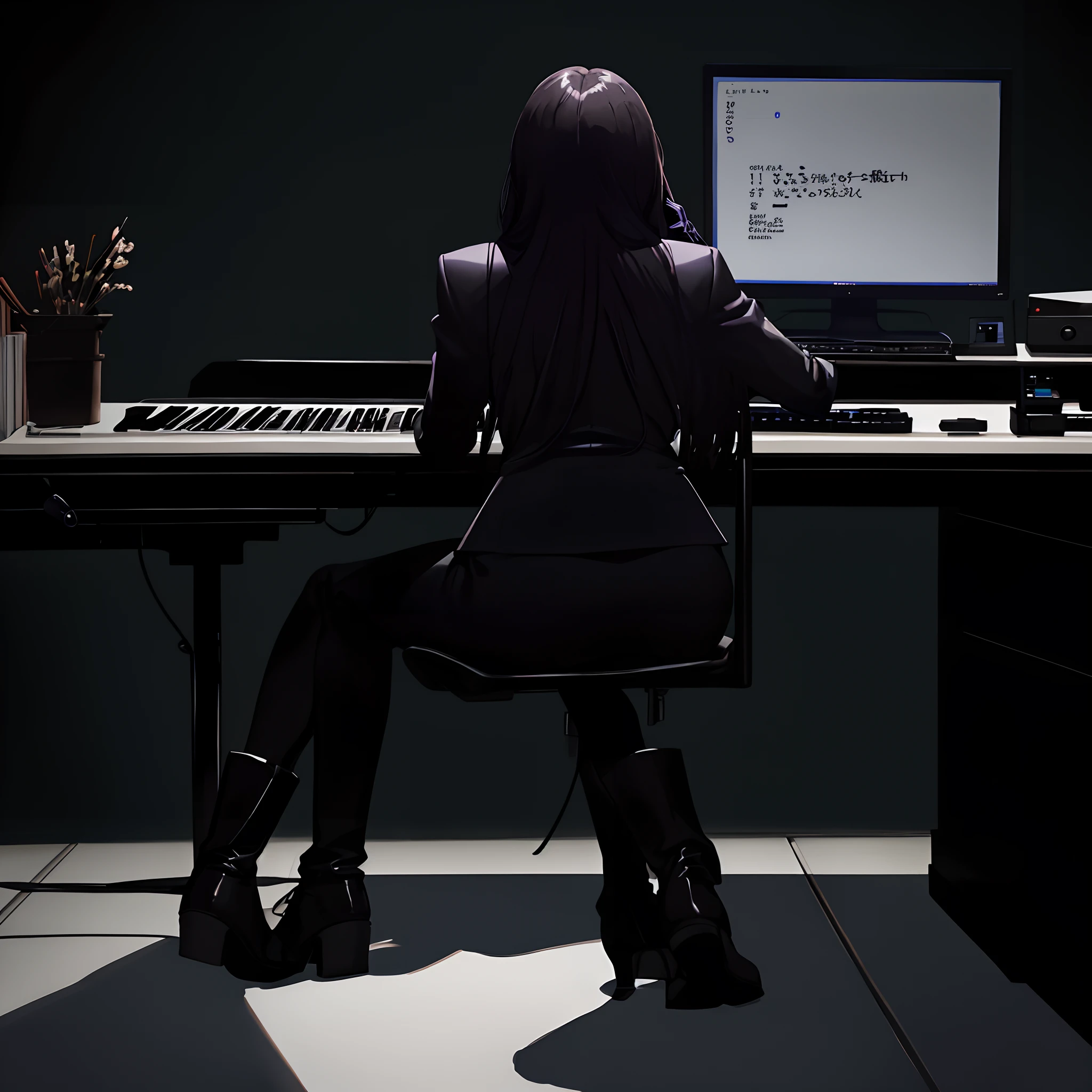 Facing the computer screen in the dark, sitting on a black leather chair with black leather gloves, wearing a black business suit typing the contents of the suicide note with a keyboard, the back of a Japanese woman with black leather long boots, the back, the hands of black leather gloves dancing on the keyboard　8K