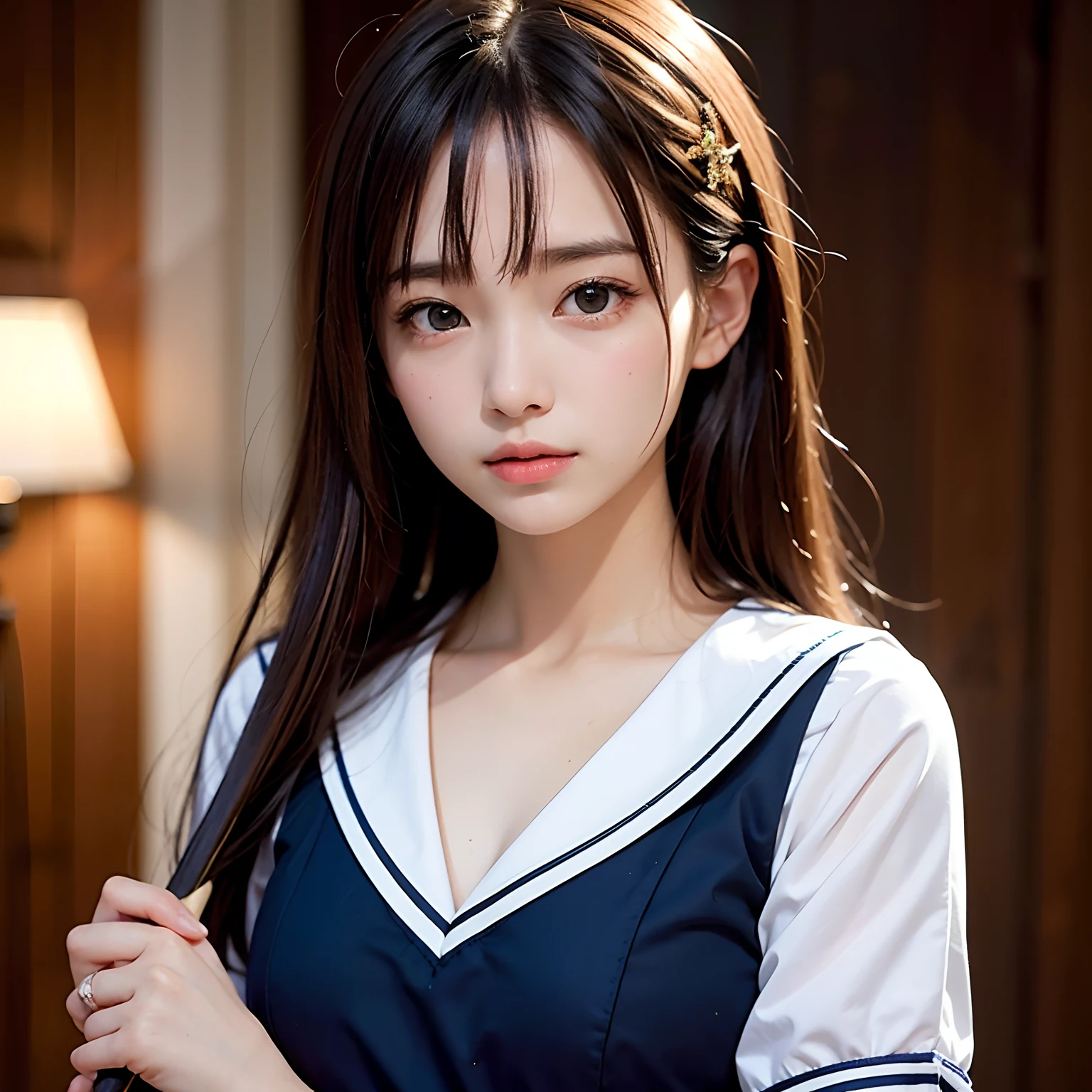 (masutepiece, Best Quality:1.2), 8K, Official art, Raw photo, Full Bord Bill Four、A dark-haired、校服、Prepare a broom、sweep、Wear a broom、Beautiful breasts are thin、14years、small tits、unbelievable Ridiculous, (Upper body、校服:1.4), Beautiful Girl, Pretty Face, arching back down,、Gold hair ornament on hair、close up, Sailor Suit, Short sleeve, violaceaess, Teen, Looking at Viewer, Film grain, chromatic abberation, Sharp Focus, face lights, Dynamic lighting, Cinematic lighting, Eyes and faces with detailed, Bokeh background,