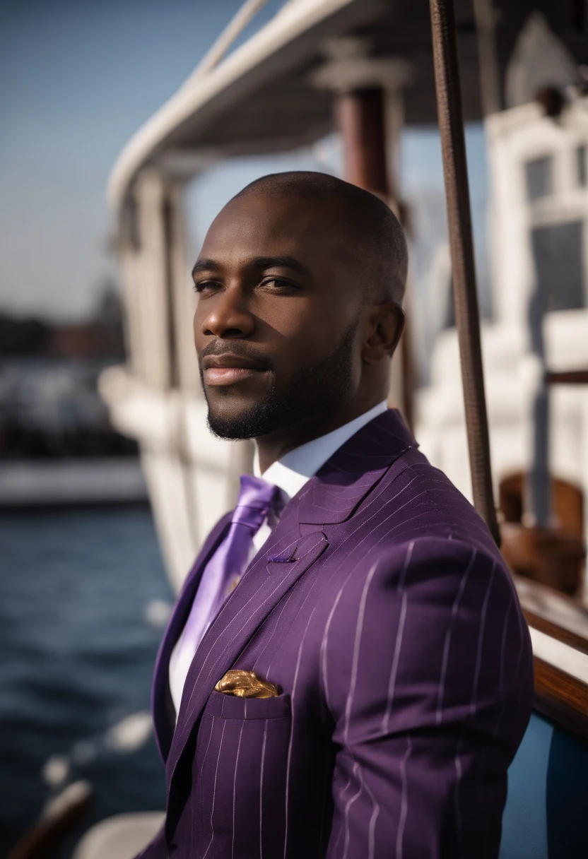 Description: Capture the essence of a confident black man dressed in a striking two-button purple and black striped suit, and a light purple tie. He is on the deck of a historic ship, which had beginnings of fire, in the middle of the high seas, under the impenetrable night sky. The full moon illuminates the surroundings with a soft, silvery glow, and a few wispy clouds add a touch of mystery to the scene. The man exudes wisdom, charisma, charm, and fun with the scene that was happening in front of him, drawing attention in this unique setting.
In front of the well-dressed man, two groups of different ethnicities interact violently in an imminent battle. One group represents African heritage, while the other group is of European descent. The man, despite the conflict to happen, drew attention in this unique setting, due to its calm.
Camera Settings: To get this shot, use a professional-grade camera with a portrait lens. Set the aperture to get a nice background blur (e.g. f/2.8 or larger) to emphasize your subject. Maintain a moderate ISO (e.g. 100-400) for optimal image clarity in low light. Use a fast shutter speed (e.g. 1/200 sec) to capture details without motion blur. The soft moonlight should cast a soft glow on the scene, and the few clouds should add a touch of drama and intrigue.