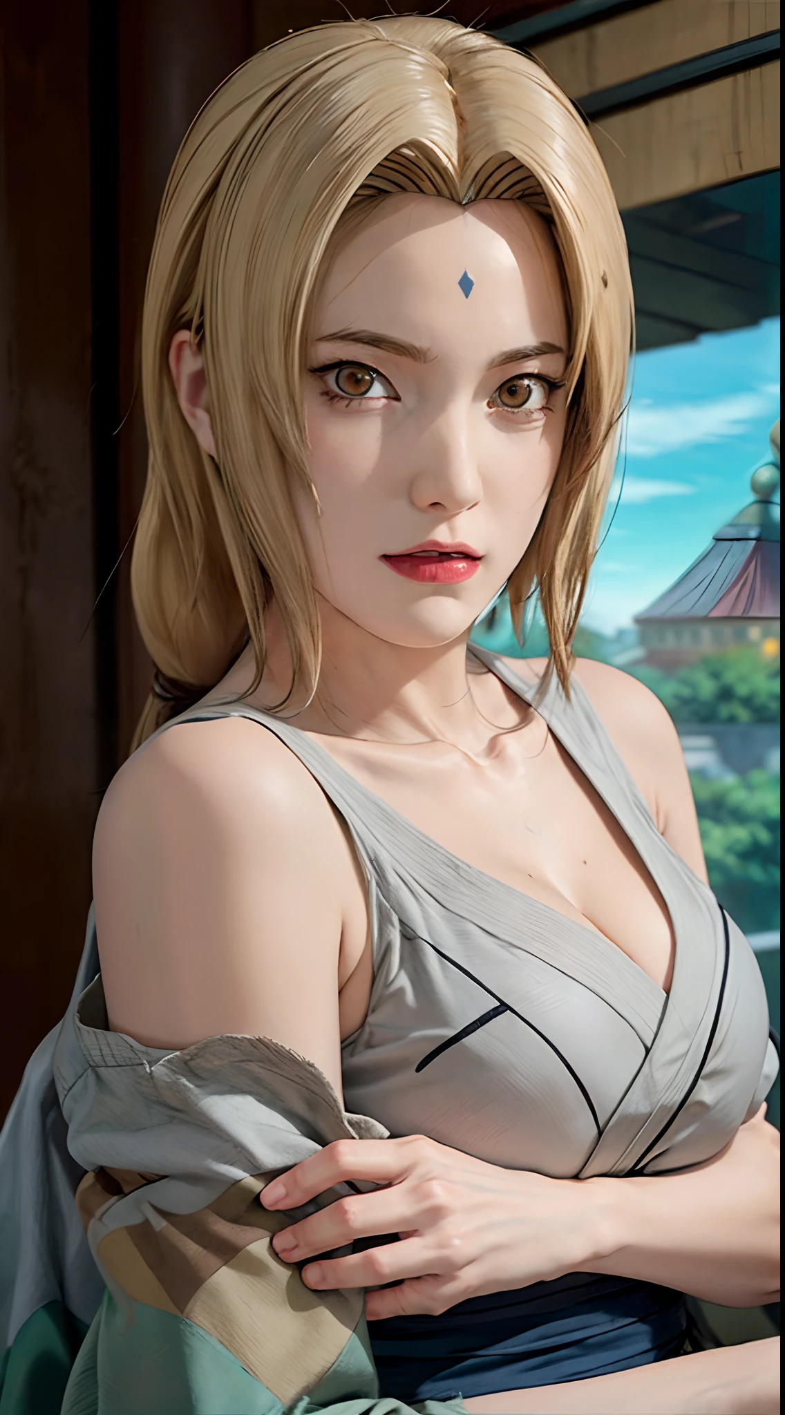 tsunade, tsunade, blonde hair, yellow hair, facial mark, forehead mark, long hair, makeup, mature female, (brown eyes:1.7), (medium breast:1.2),
BREAK cleavage, bare shoulders, grey kimono, japanese clothes, kimono, off shoulder, wide sleeves,
BREAK looking at viewer,
BREAK outdoors, city,
BREAK (masterpiece:1.2), best quality, high resolution, unity 8k wallpaper, (illustration:0.8), (beautiful detailed eyes:1.6), extremely detailed face, perfect lighting, extremely detailed CG, (perfect hands, perfect anatomy),