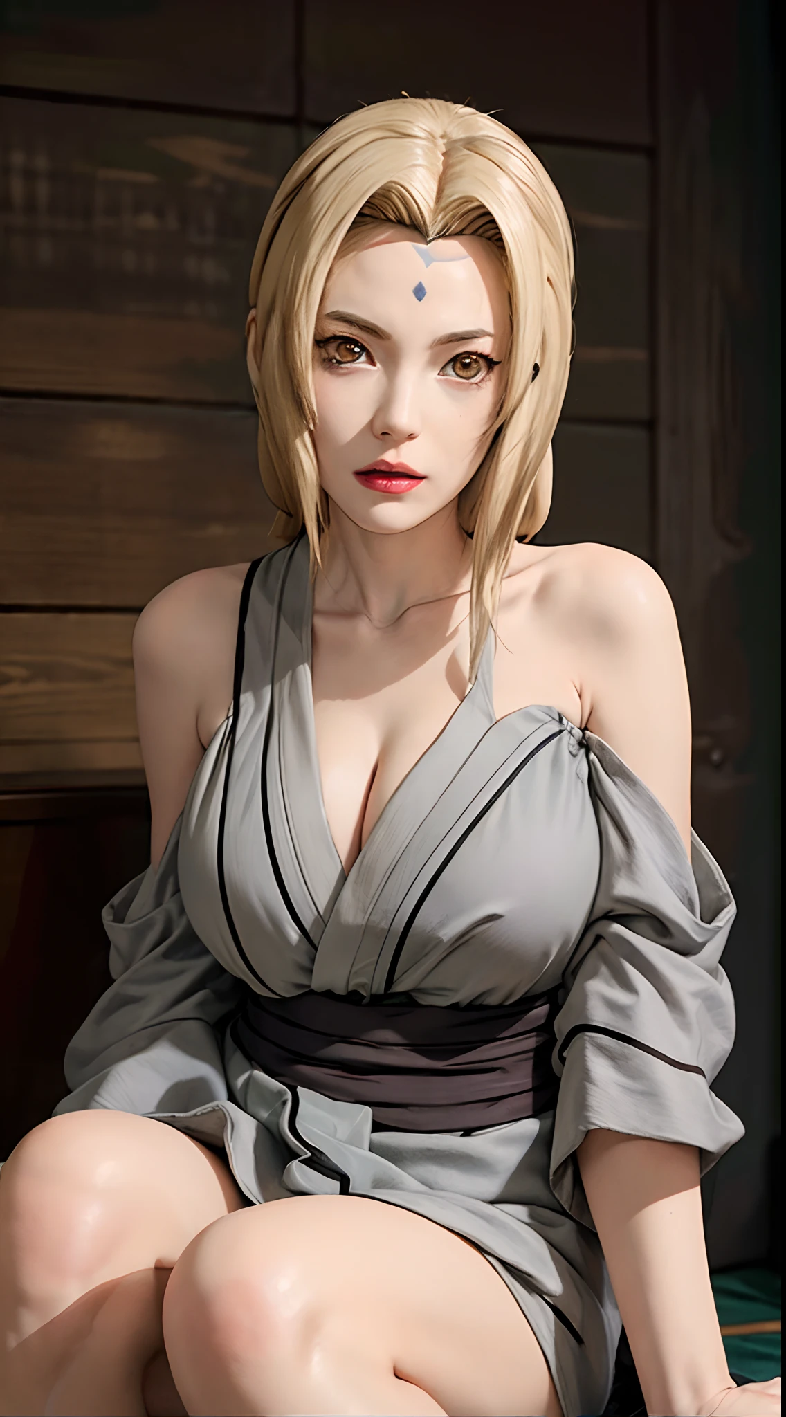 tsunade, tsunade, blonde hair, yellow hair, facial mark, forehead mark, long hair, makeup, mature female, (brown eyes:1.7), (medium breast:1.2),
BREAK cleavage, bare shoulders, grey kimono, japanese clothes, kimono, off shoulder, wide sleeves,
BREAK looking at viewer,
BREAK outdoors, city,
BREAK (masterpiece:1.2), best quality, high resolution, unity 8k wallpaper, (illustration:0.8), (beautiful detailed eyes:1.6), extremely detailed face, perfect lighting, extremely detailed CG, (perfect hands, perfect anatomy),