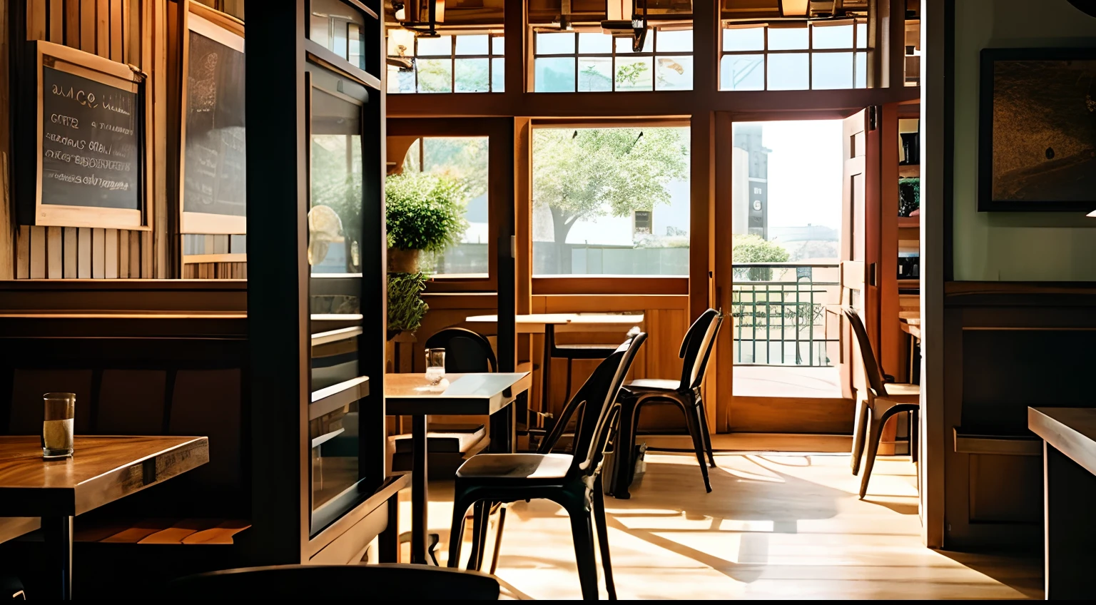 cafes、Fashionable、inside restaurant、wooden、chairs and tables、low illuminance、coffee、bookcase、Sunlight shining through the window