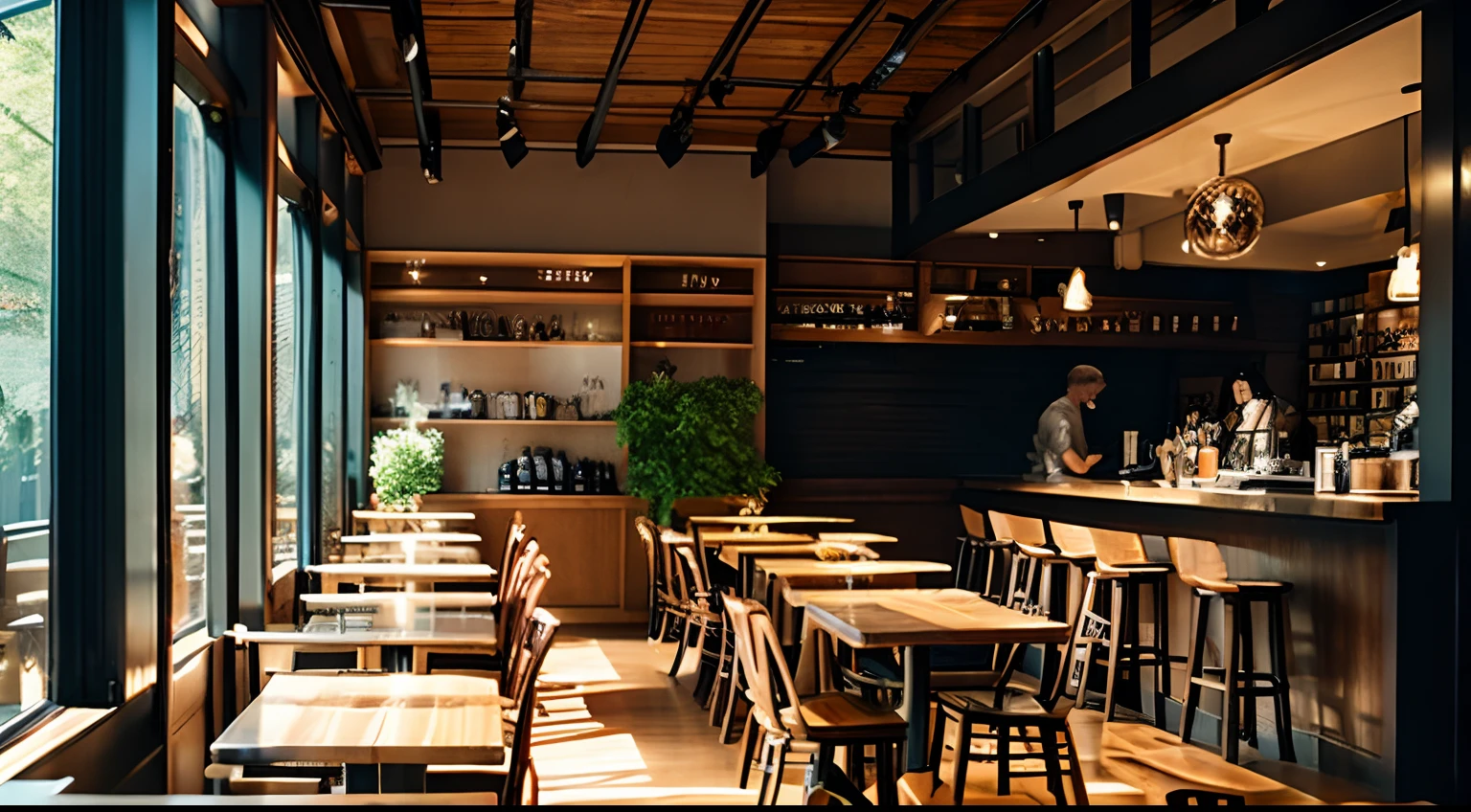 cafes、Fashionable、inside restaurant、wooden、chairs and tables、low illuminance、coffee、bookcase、Sunlight shining through the window