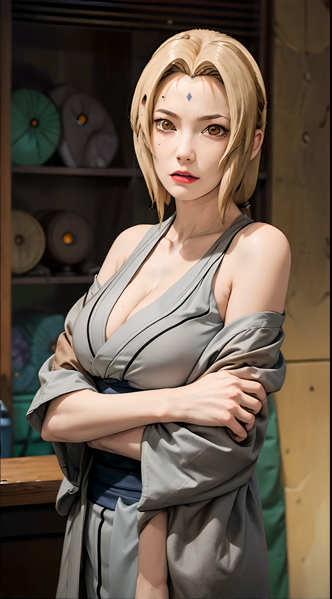 tsunade, tsunade, blonde hair, yellow hair, facial mark, forehead mark, long hair, makeup, mature female, (brown eyes:1.7), (medium breast:1.2),
BREAK cleavage, bare shoulders, grey kimono, japanese clothes, kimono, off shoulder, wide sleeves,
BREAK looking at viewer,
BREAK outdoors, city,
BREAK (masterpiece:1.2), best quality, high resolution, unity 8k wallpaper, (illustration:0.8), (beautiful detailed eyes:1.6), extremely detailed face, perfect lighting, extremely detailed CG, (perfect hands, perfect anatomy),