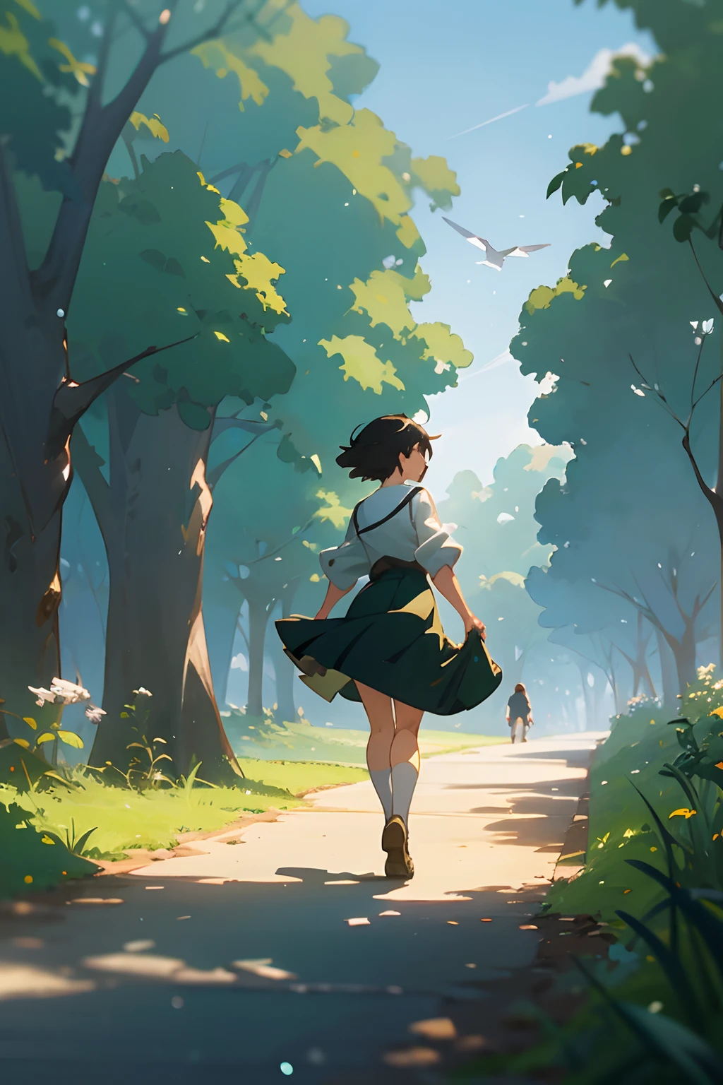 painting of a woman walking down a path with a bird flying overhead, an anime drawing by Makoto Shinkai, pixiv contest winner, serial art, the anime girl is running, in style of makoto shinkai, a beautiful artwork illustration, overgrowth. by makoto shinkai, style of makoto shinkai, ( ( makoto shinkai ) )