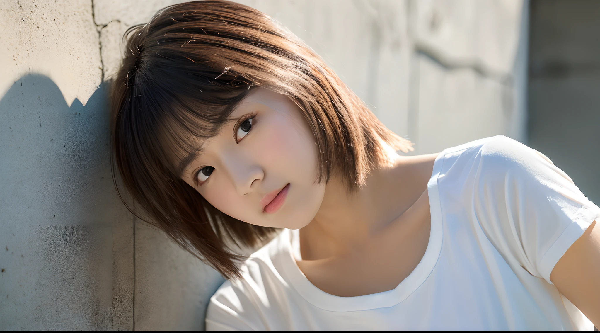 top-quality、超A high resolution、(Photorealsitic:1.4)、1人、、small tits、、、A Japanese Lady、Looking at the camera、white t-shirts、Concrete background、Facing the front、is standing、Beautiful bob hair、Woman in her late teeight bangs、short-hair、Salon model style、Natural look、Leaning against the wall、highlydetailed skin、very detail hair、Close-up photos、Design Color、A slender、Clean hair、Hair length under the chin、Shooting model