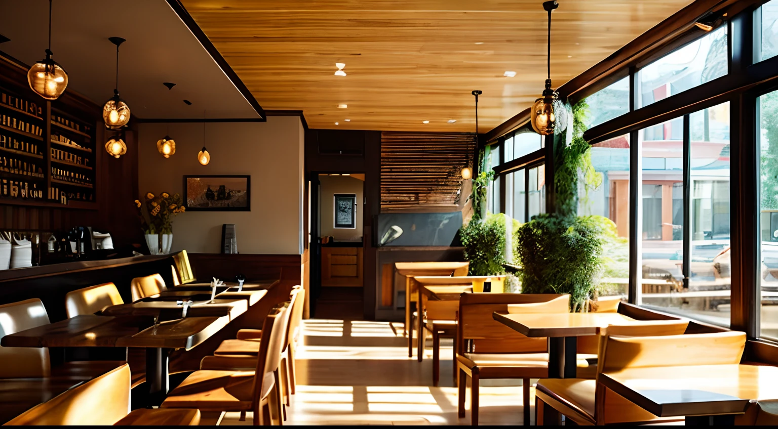 cafes、Fashionable、inside restaurant、wooden、chairs and tables、low illuminance、coffee、bookcase、Sunlight shining through the window