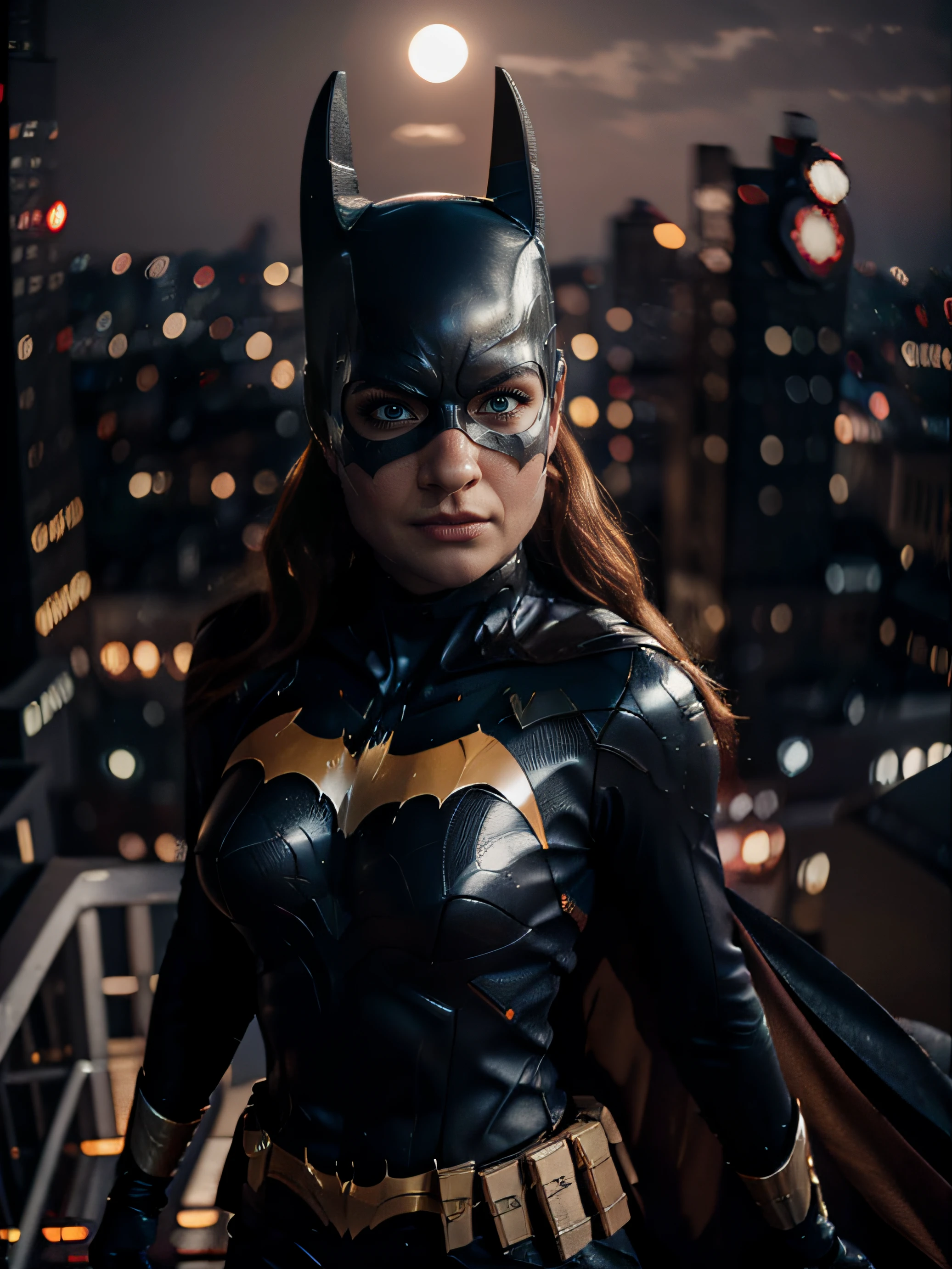 Batgirl, batgirl mask, superheroe pose, angry face, imponent, at night, top of building, watching the city, below view, f 1. 2, sharp focus, 8 k high definition, fisheye lens. planeando sobre la ciudad, full moon. calidad alta, grey eyes