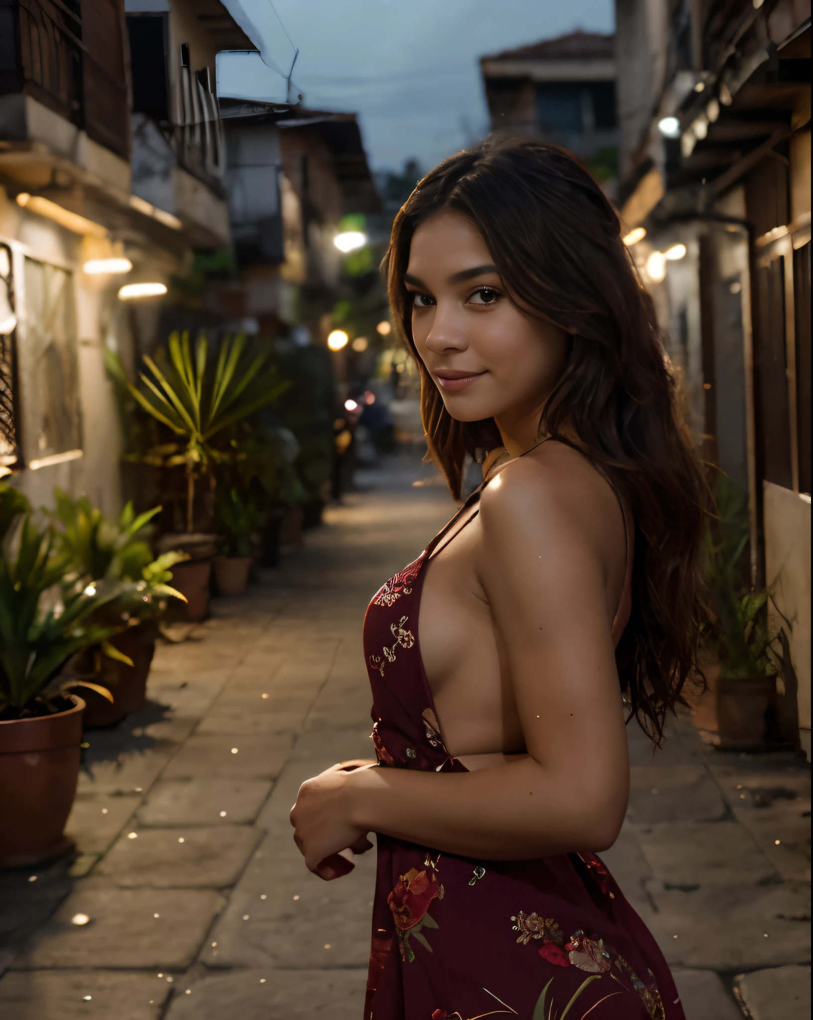 ultra detailed, photorealistic, 8k, high quality, photograph of a young adult woman walking, dynamic walk, in favela street at night, nighttime night sky, tropical plants, wearing a maroon maxi dress, thighs, wavy dark brown hair, without makeup, looking directly at the camera, natural makeup, subtle makeup, piercing brown eyes, beautiful angle, attractive dynamic pose, happy cheerful smile, cute girl, Latina, Vanessa Hudgens, cleft chin, full body picture, full body, full body shoot, high detail, satisfied pose, sexy flirty pose, slim waste, slim legs, (beautiful detailed face, beautiful detailed eyes, detailed skin), tanned, glow, sweat, (night), (moody lighting), deep dark shadows, low contrast, depth of field, bokeh,