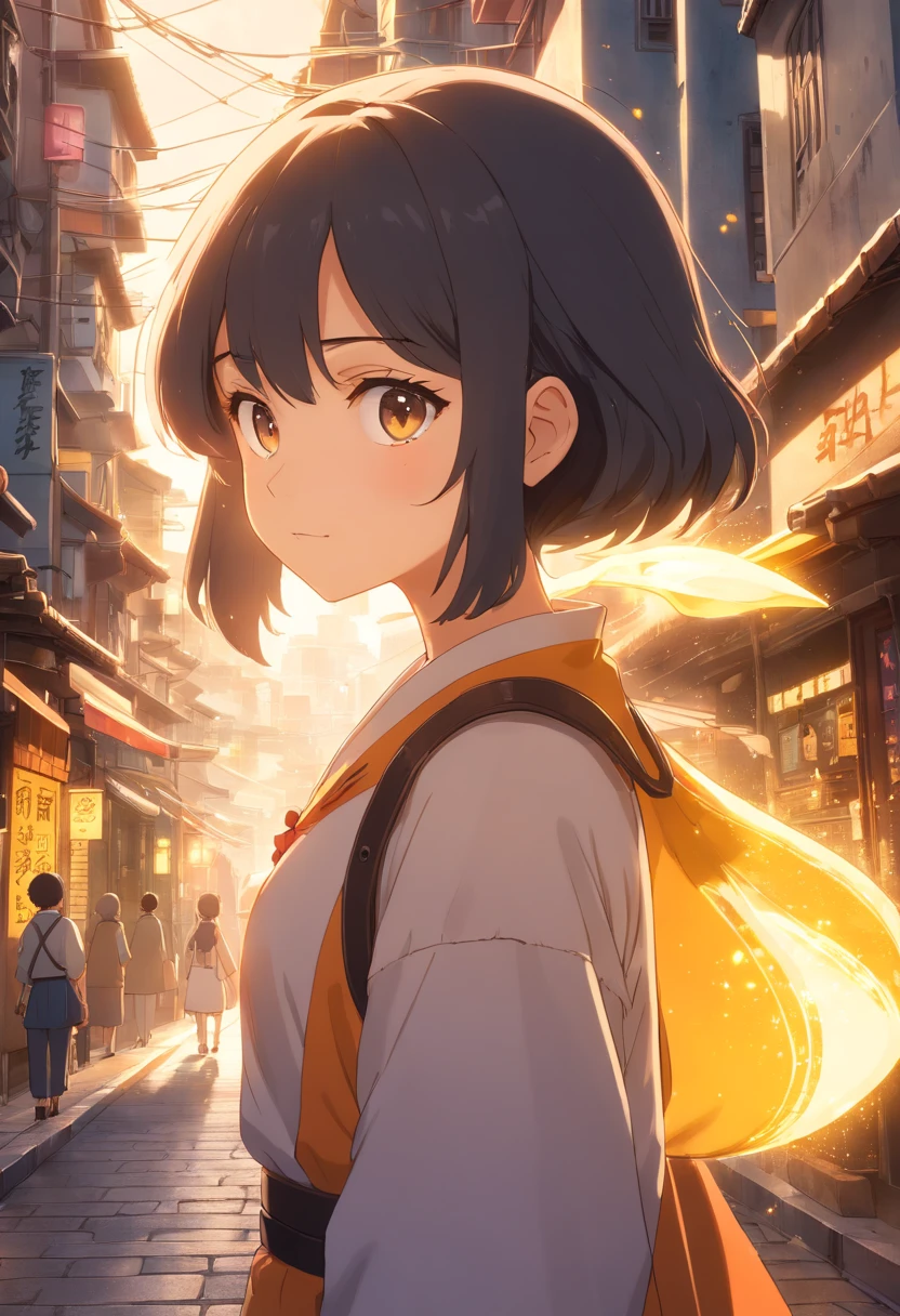 Menina preta do anime com cabelo branco longo em uma roupa branca, olhos amarelos,Retracted image of a city with alleys to street, super detalhado, master part, melhor qualidade, Ultra Qualidade, detalhes absurdos, Melhor Luz, Melhor sombra, Sharp, sharped image, circunstanciado, extremamente detalhado, great resolution, 8k, 4k, UHD, volumetric, Sprite brilhante, particle effects, belos efeitos, neon light, Neon light, raio de sol, sunlight, (personagem na rua anime feminina) em forma anime.