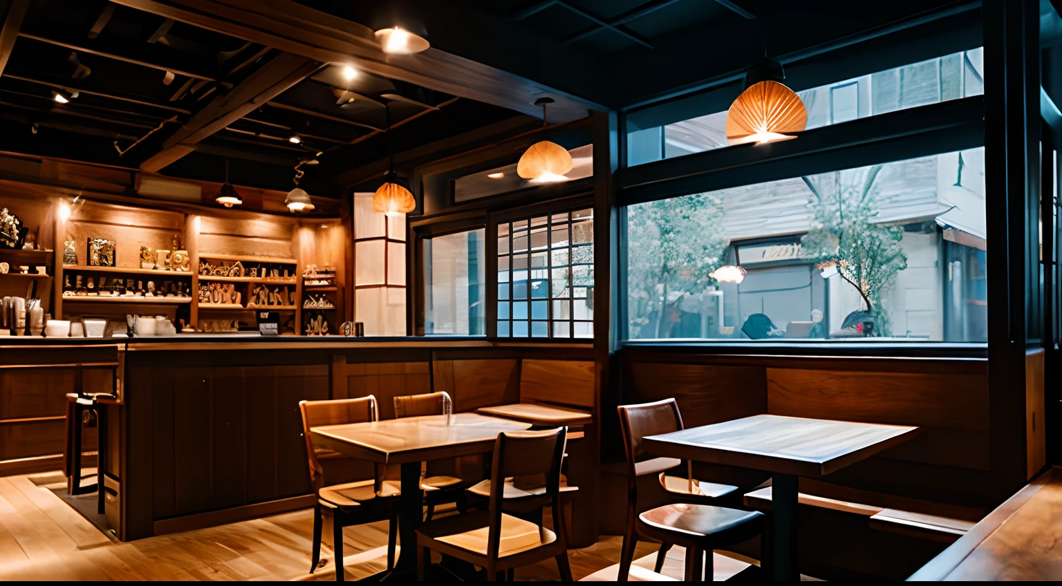 cafes、Fashionable、inside restaurant、wooden、chairs and tables、low illuminance、coffee、bookcase、natta、moonlights、Weak light on the ceiling