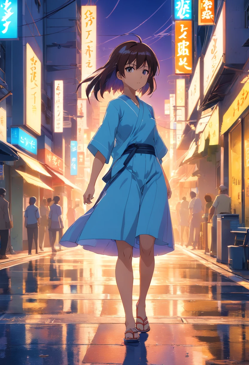 Menina anime com cabelo branco longo em uma roupa branca, olhos amarelos, Retracted image of a city with alleys to street, super detalhado, master part, melhor qualidade, Ultra Qualidade, detalhes absurdos, Melhor Luz, Melhor sombra, Sharp, sharped image, circunstanciado, extremamente detalhado, great resolution, 8k, 4k, UHD, volumetric, Sprite brilhante, particle effects, belos efeitos, neon light, Neon light, raio de sol, sunlight, (personagem na rua).