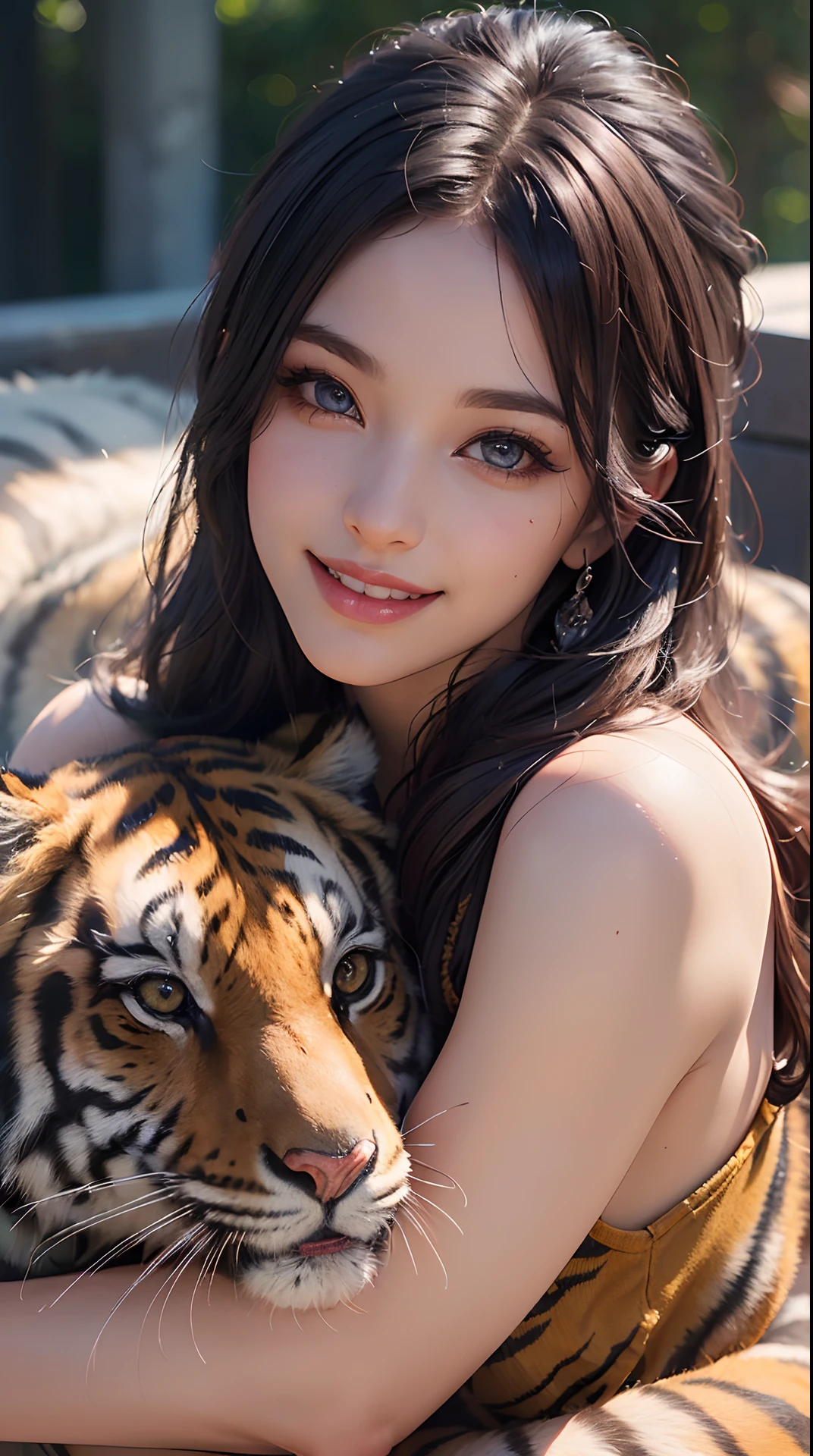 (Best Quality,4K,8K,hight resolution,masutepiece:1.2), Ultra-detailed, (Realistic,Photorealistic,Photorealsitic:1.37),(Beautiful detailed eyes, Beautiful detailed lips, extremely detailed eye and face, long eyelashes),Studio Lighting,Physically-based rendering,Vivid colors,(Woman hugging tiger, Woman in shortcuts, huge smile:1.2),