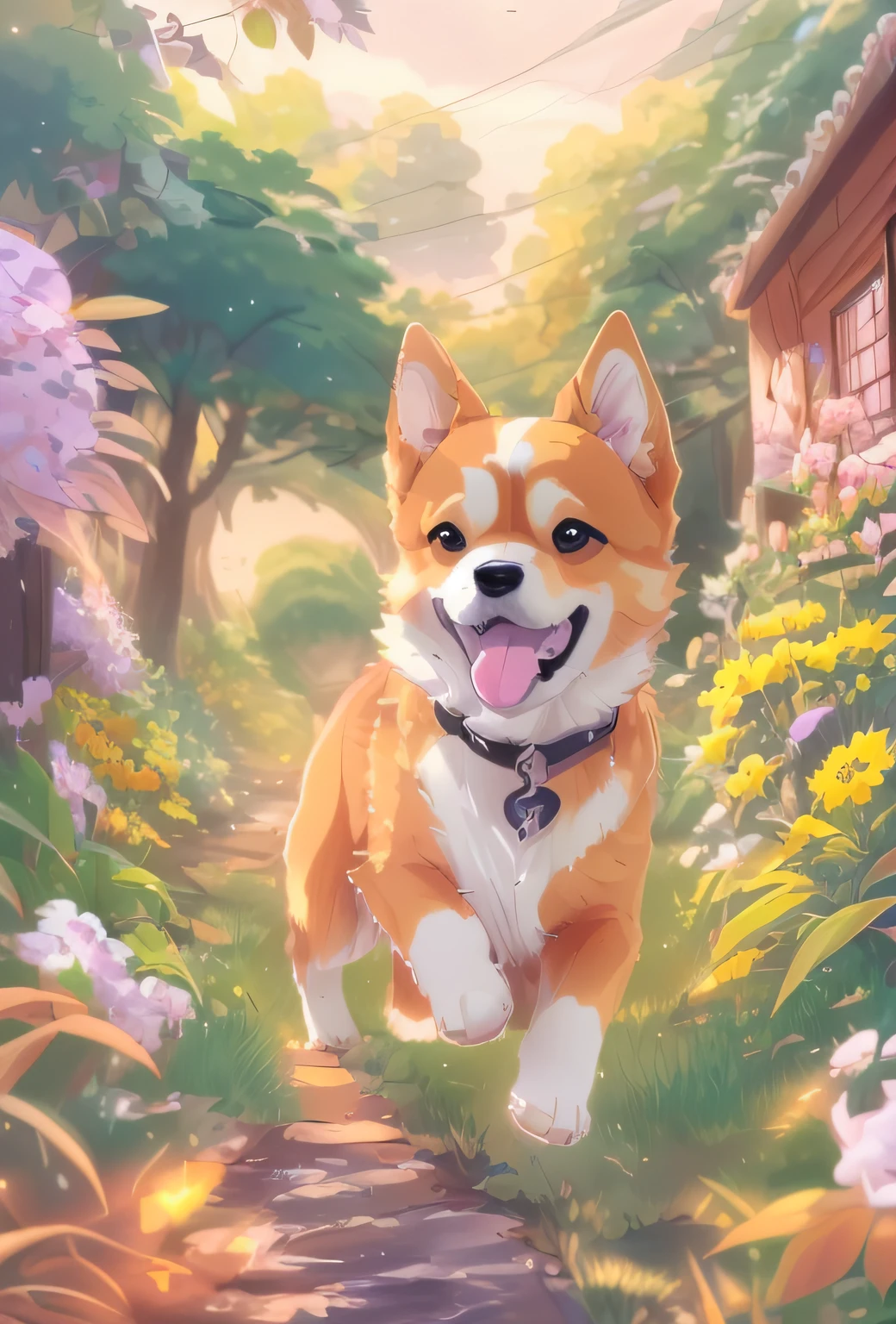 anime, a dog running through a garden with flowers and trees, cute corgi, anthropomorphic shiba inu, cute detailed digital art, adorable digital painting, kawaii cute dog, anime art wallpaper 4 k, anime art wallpaper 4k, painting of cute dog, anime background art, anime art wallpaper 8 k, corgi with [ angelic wings ]!!