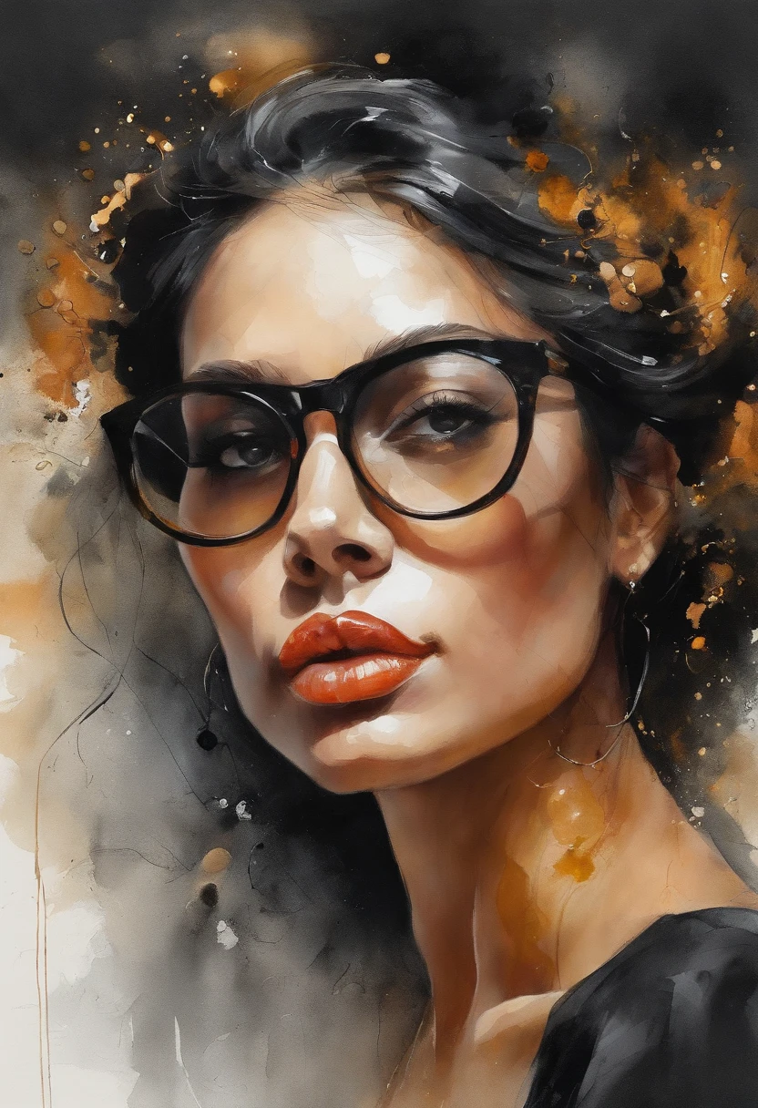 Girl in glasses and black dress, vestido curto e sexy, cabelos pretos e longos, fleshy lips, pele bonita, olhos negros, olhar sexy, segurando adagas afiadas, garota bonita, paraguaia, seios grandes e bonitos, Athletic physique in shape, Estilo espadachim, Fantastic gold and black beams, tons de dourado, laranja e pastel, (papel de parede CG unity 8k extremamente detalhado), chaotic storm of intricate liquid smoke in the head, beleza estilizada retrato abstrato de corpo inteiro, pele molhada, por petros afshar, Tran Ross, Tom Baleia, Pedro Mohrbacher, Artgerm, shattered glass, ((bubbly underwater scenery)) Highly detailed octane radiant light rendering ((Evil Aesthetics))