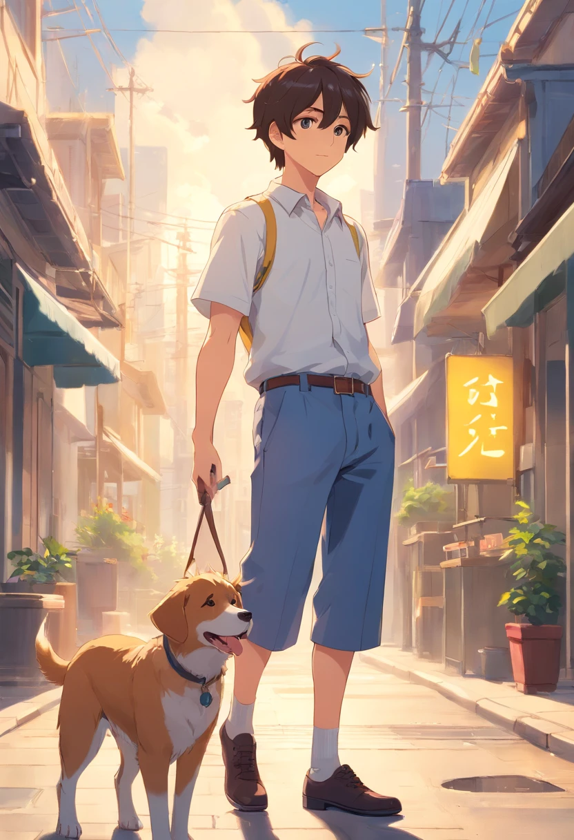 A delicate boy in a white shirt,Next to it stood a dog with a hat,Dogs want yellow