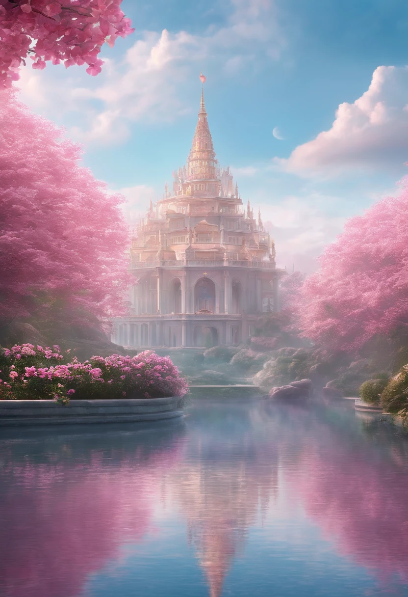 A magnificent crystal palace is above the clouds. The palace covered with pink flowers is surrounded by clouds and running water. Pink flowers, Atlantis, fairy tales, dreams, clouds and mist, animation style, Miyazaki Hayao animation lighting effects, movie details, trends in artstaion, 8K, yevgeny Lu Xiping,HD --ar 9:16 --uplight - Upscaled (Light)
